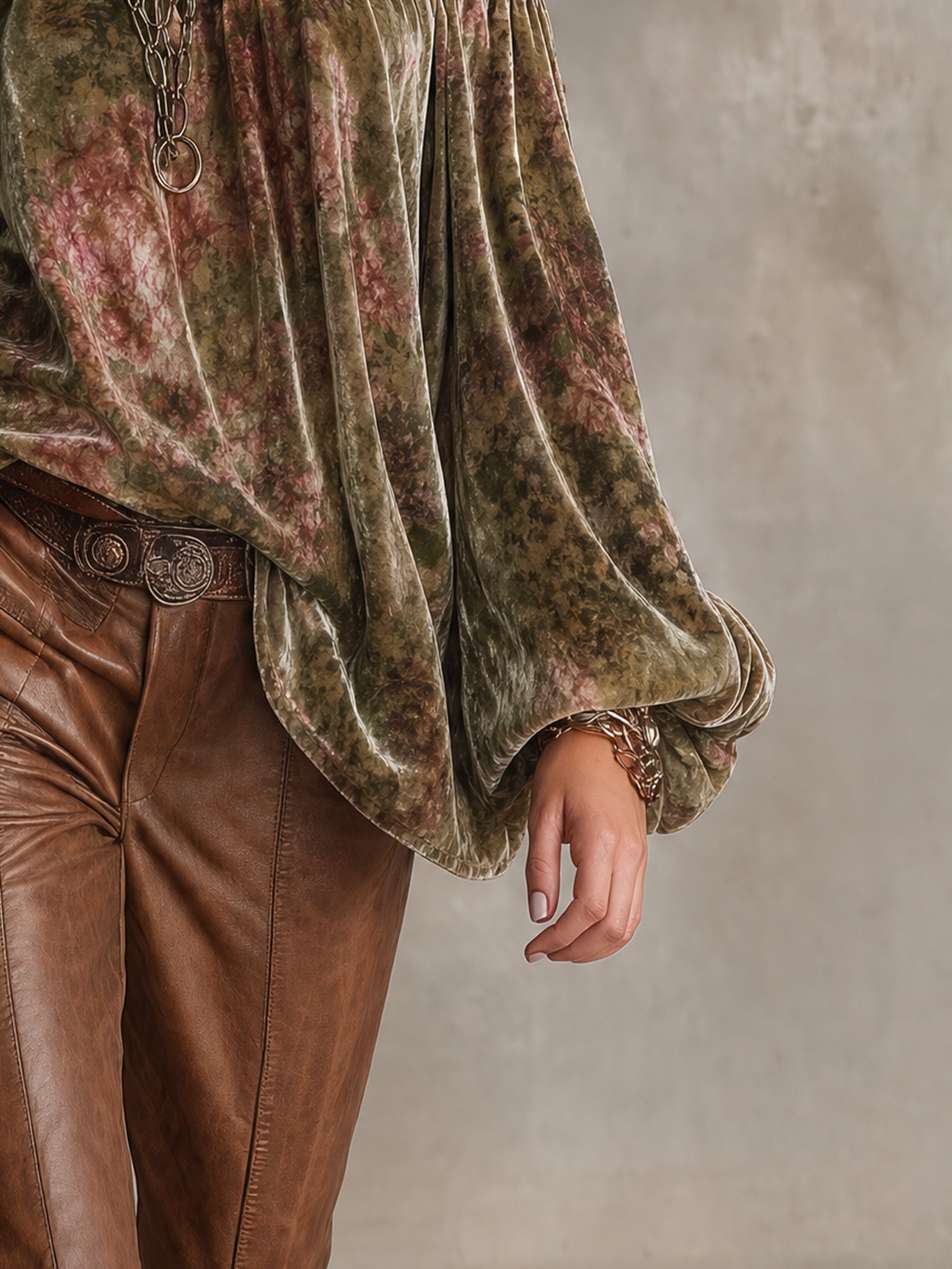 Green Velvet Floral Print Off Shoulder Loose Top