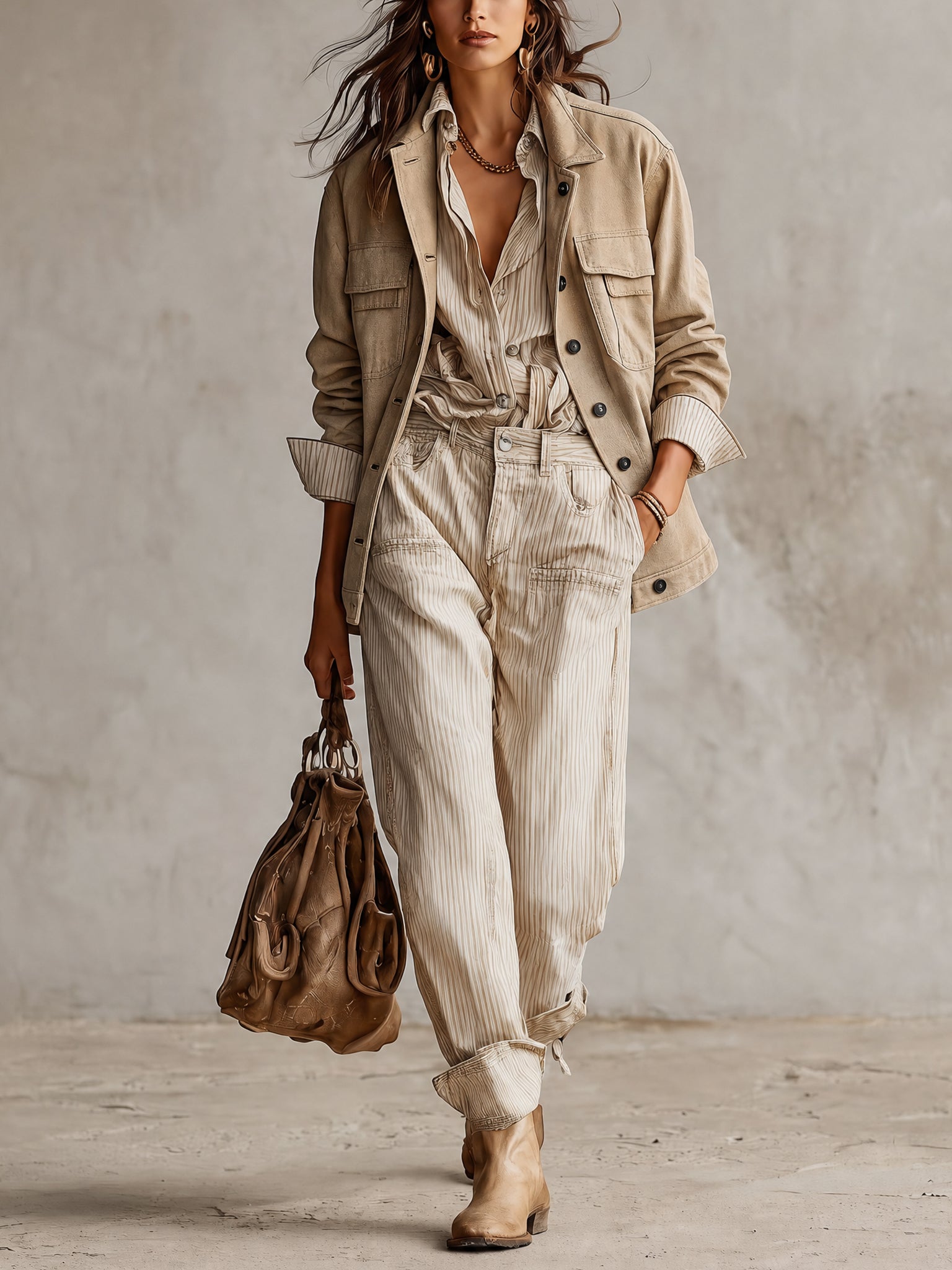 Beige Washed Cotton Oversized Utility Jacket