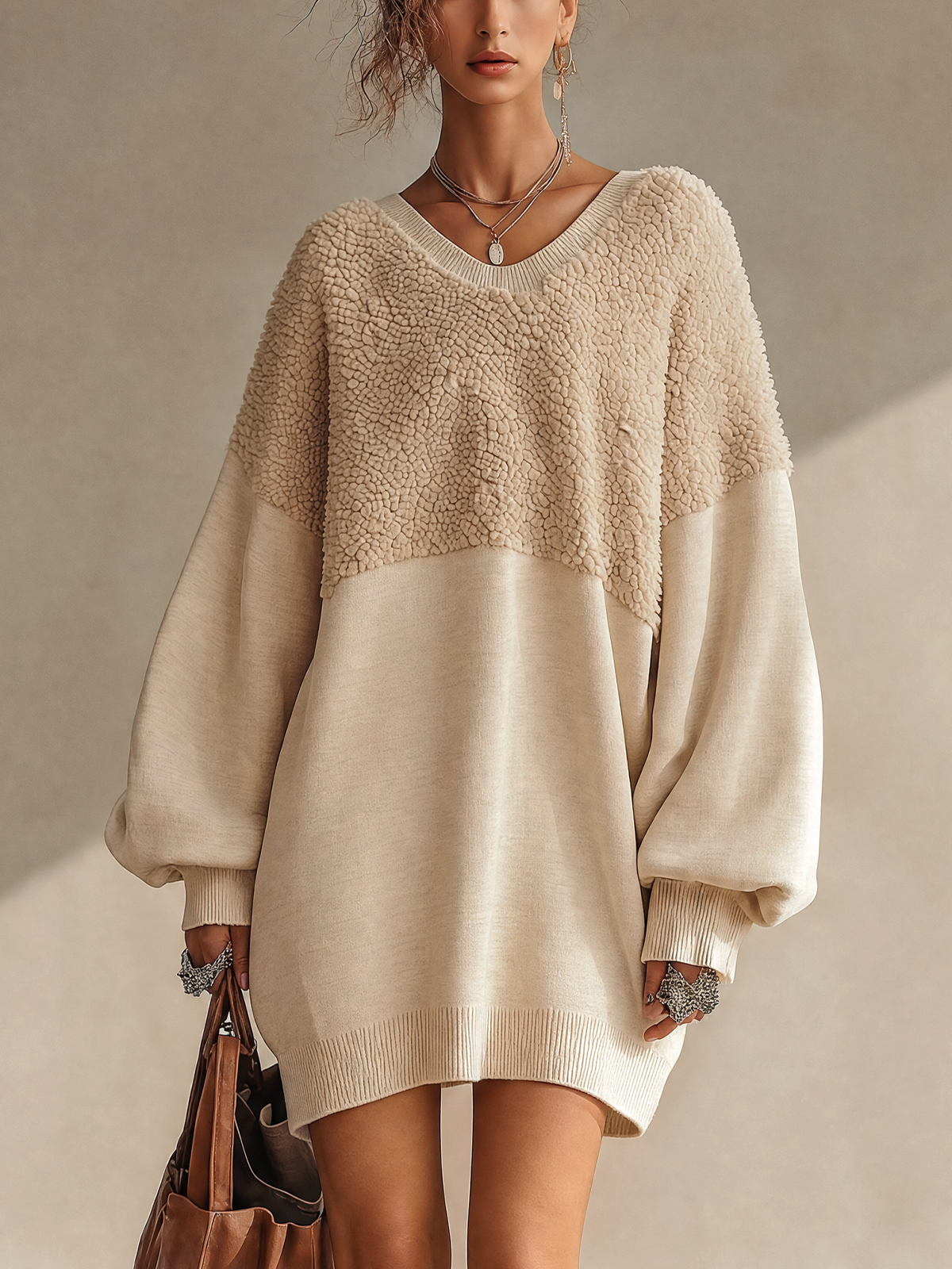 Beige Fleece Spliced Sweatshirt Fabric V‑Neck Oversized Mini Dress