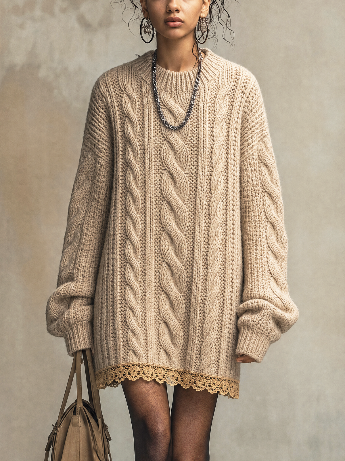 Beige Cable‑Knit Lace Trim Oversized Mini Dress
