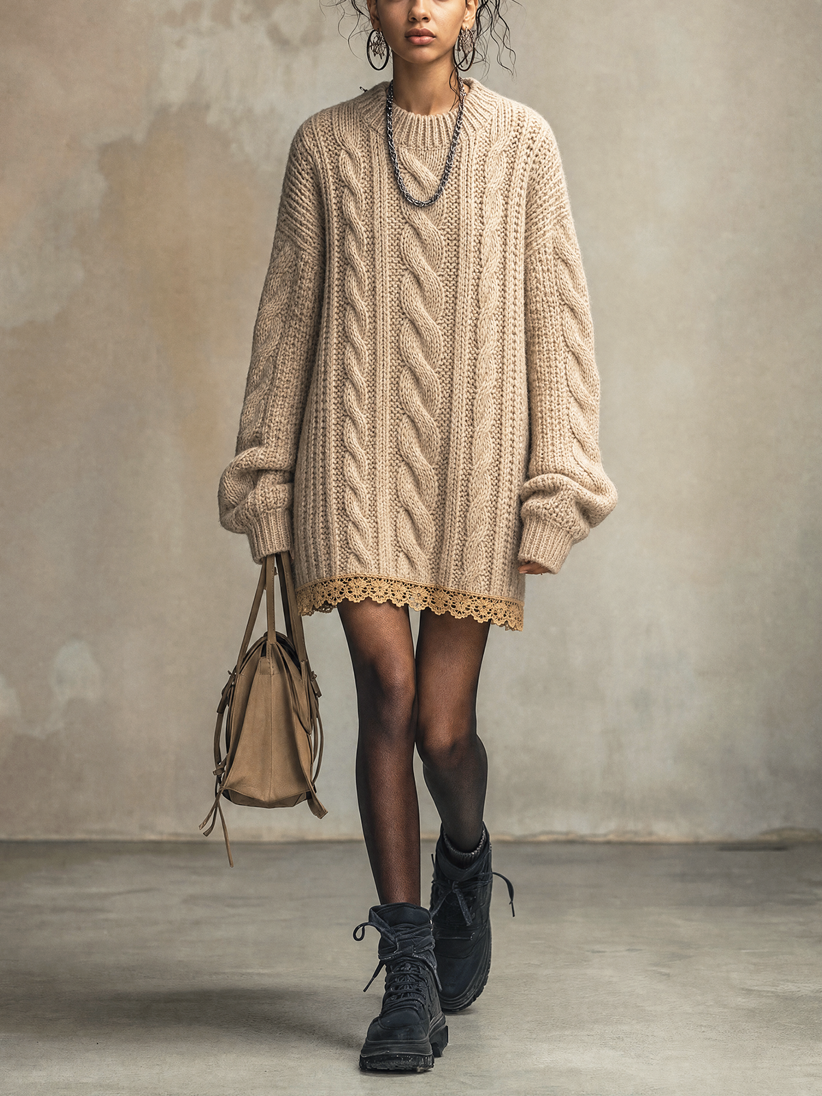 Beige Cable‑Knit Lace Trim Oversized Mini Dress