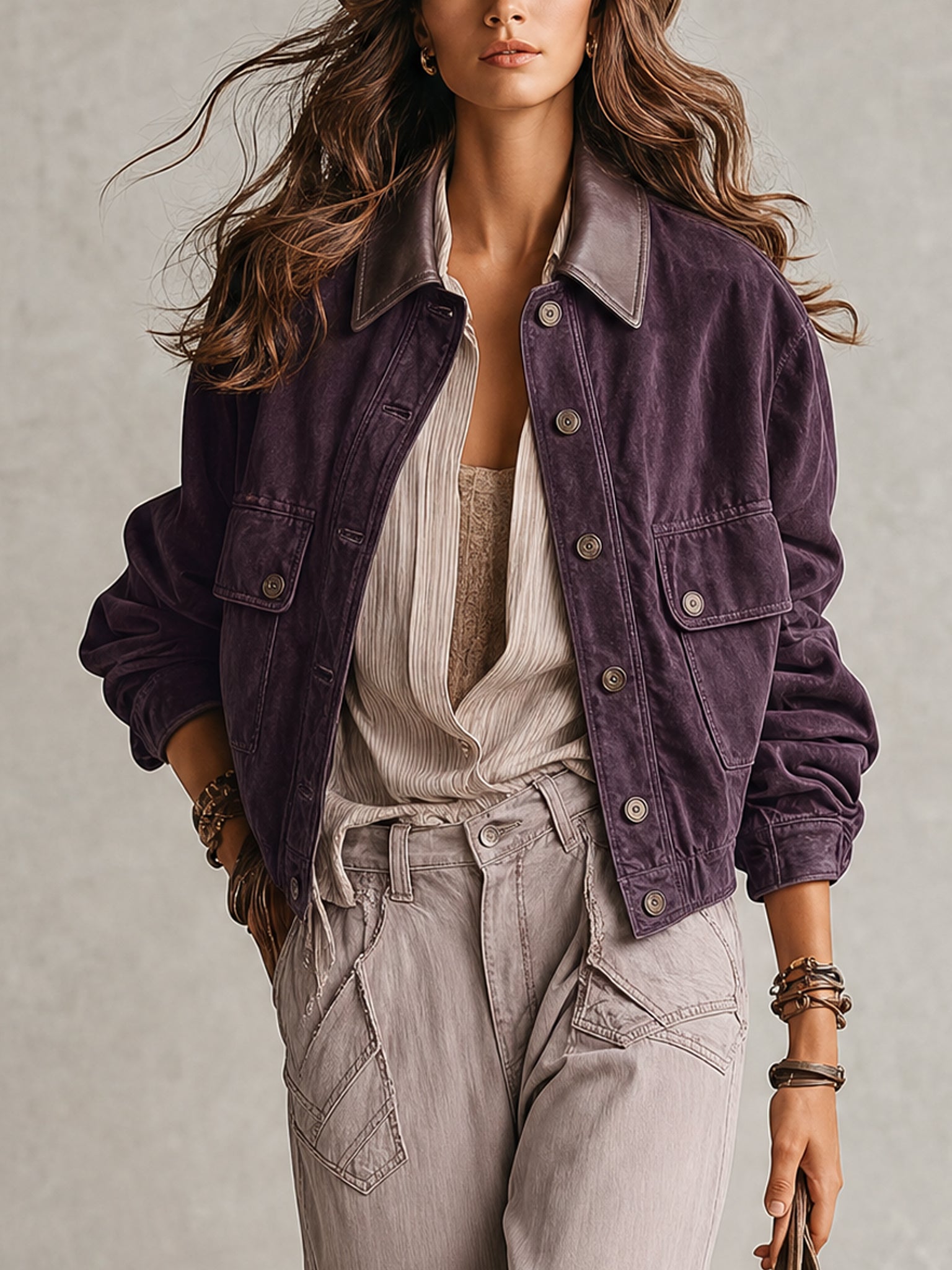 Purple Washed Cotton And PU Patchwork Oversized Jacket