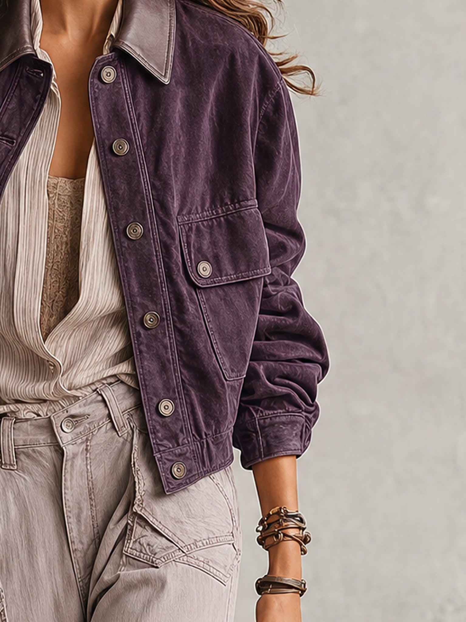 Purple Washed Cotton And PU Patchwork Oversized Jacket