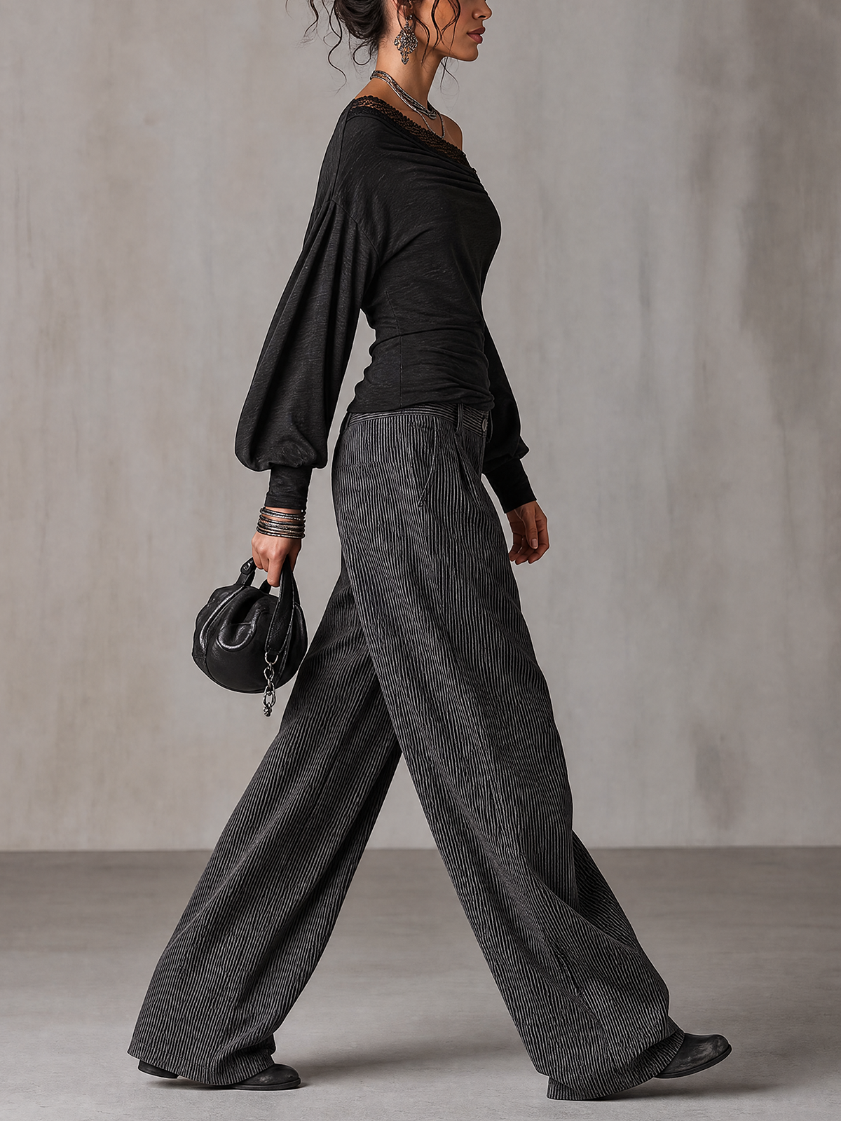 Black Lace Trim Off‑Shoulder Long Sleeve Top