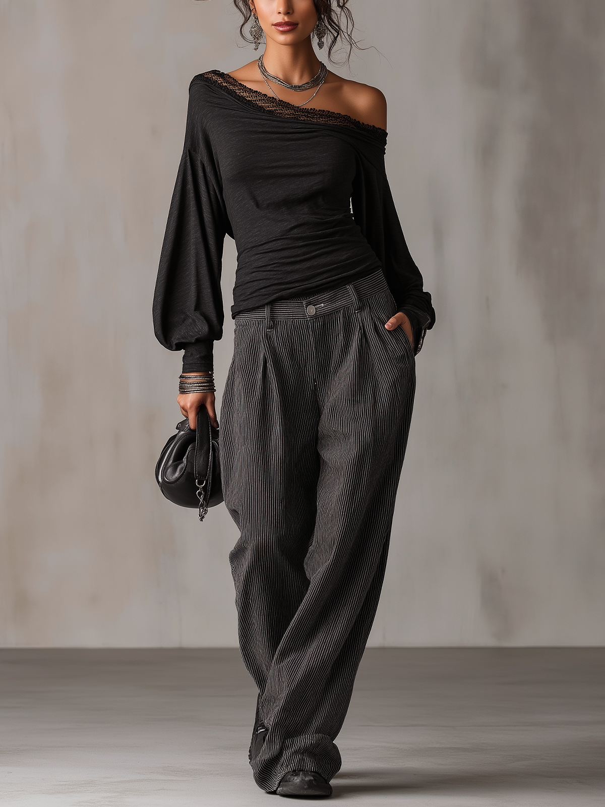 Black Lace Trim Off‑Shoulder Long Sleeve Top