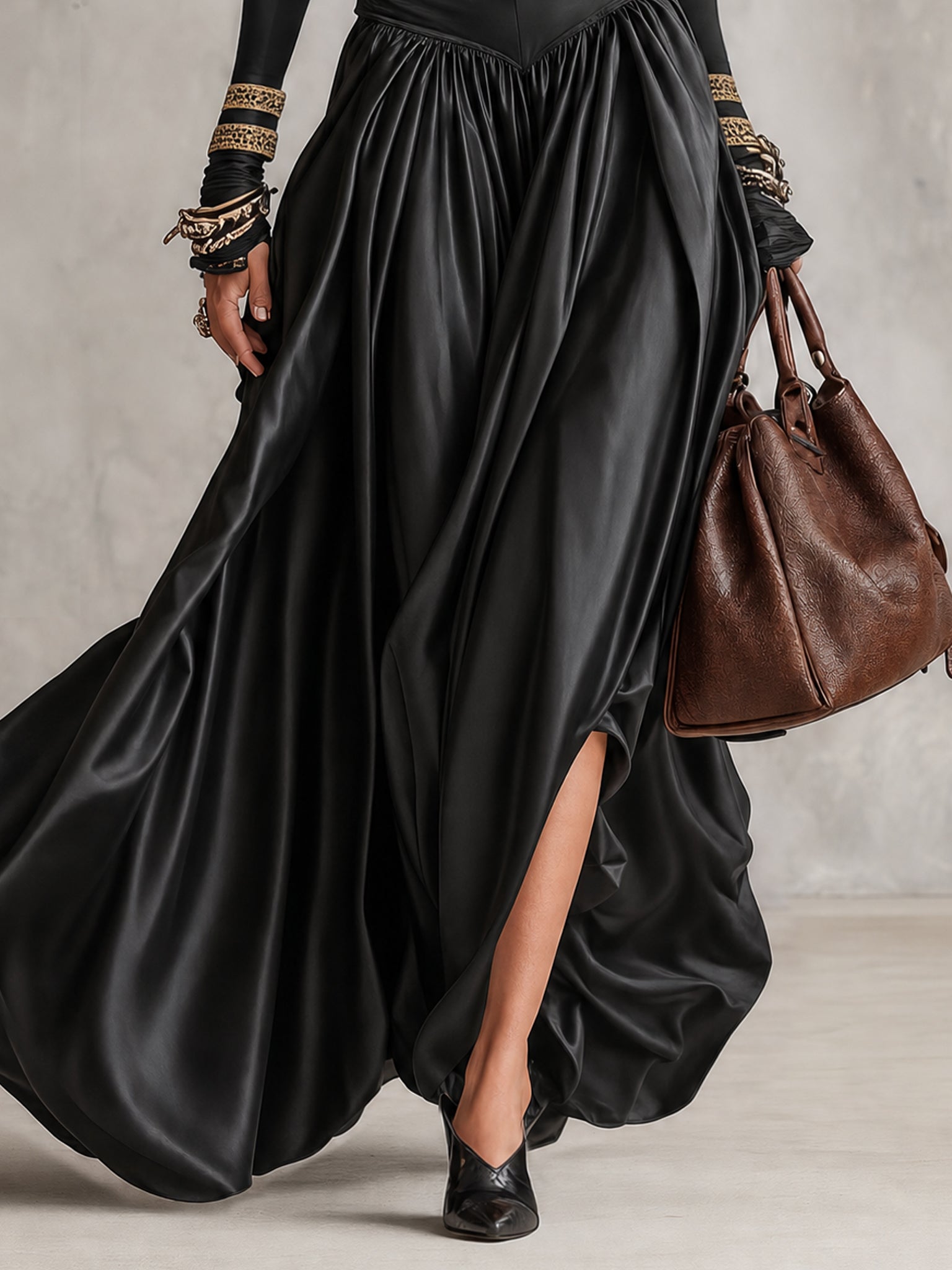 Black Stretch Satin Panel Maxi Dress