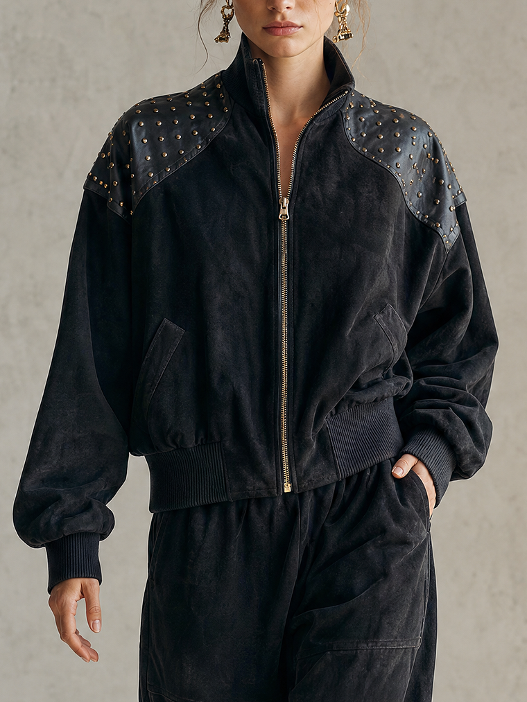 Black Suede-Effect Studded Leather-Panel Bomber Jacket And Cuffed Pants Set