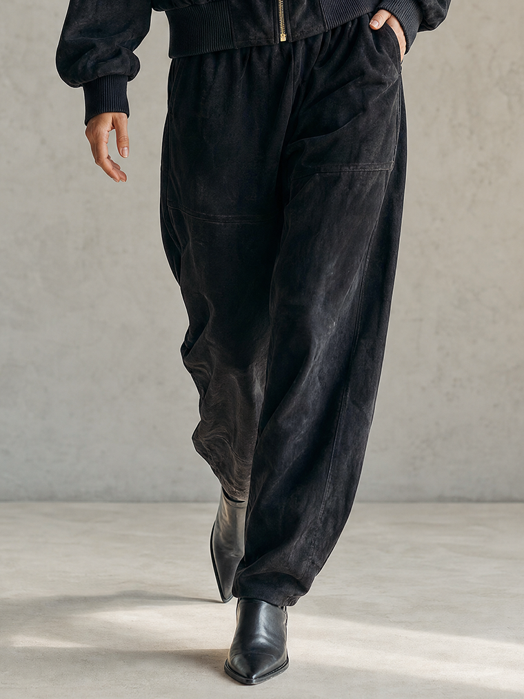 Black Suede-Effect Studded Leather-Panel Bomber Jacket And Cuffed Pants Set