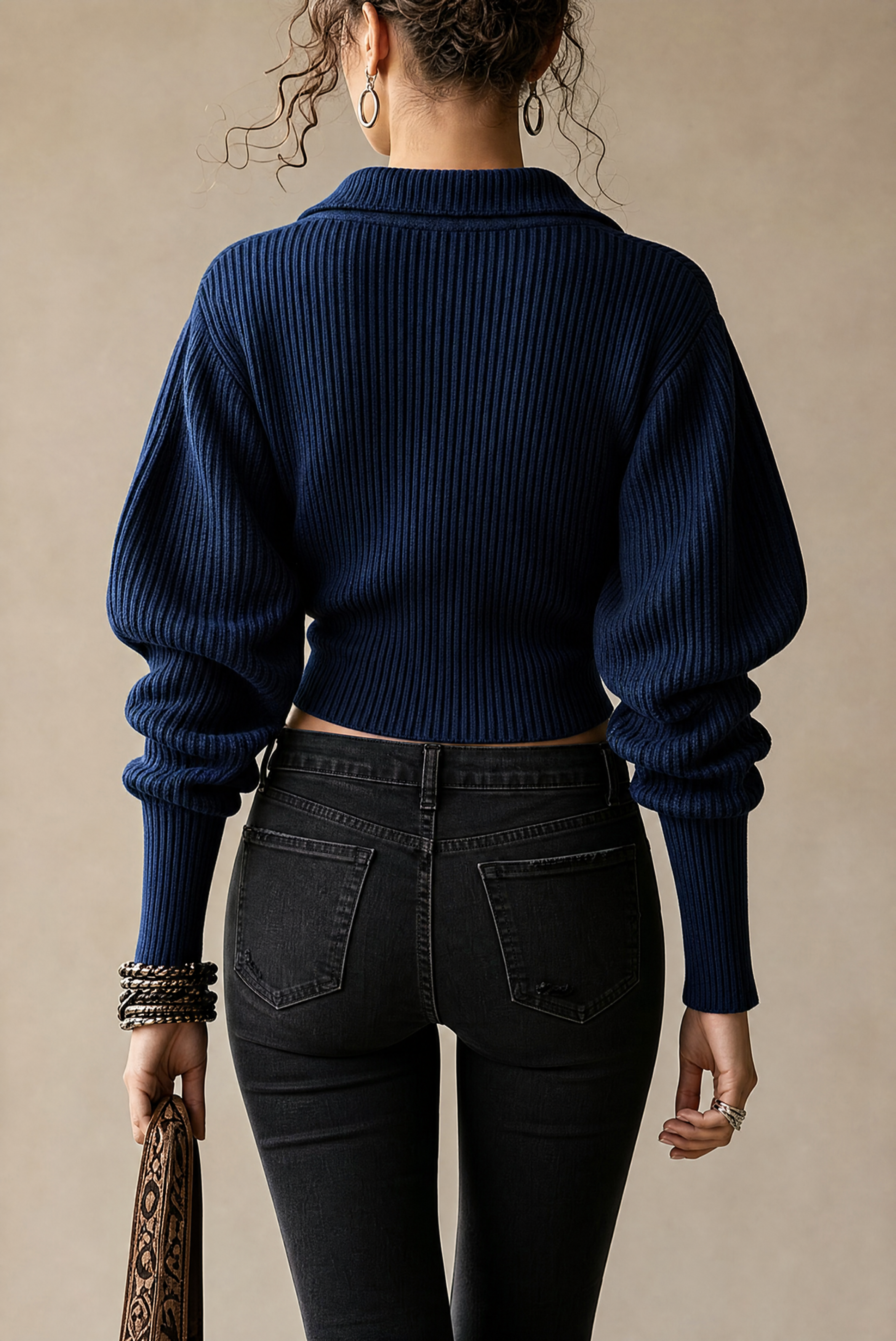 Navy Ribbed Collared Button‑Front Cropped Knit Top