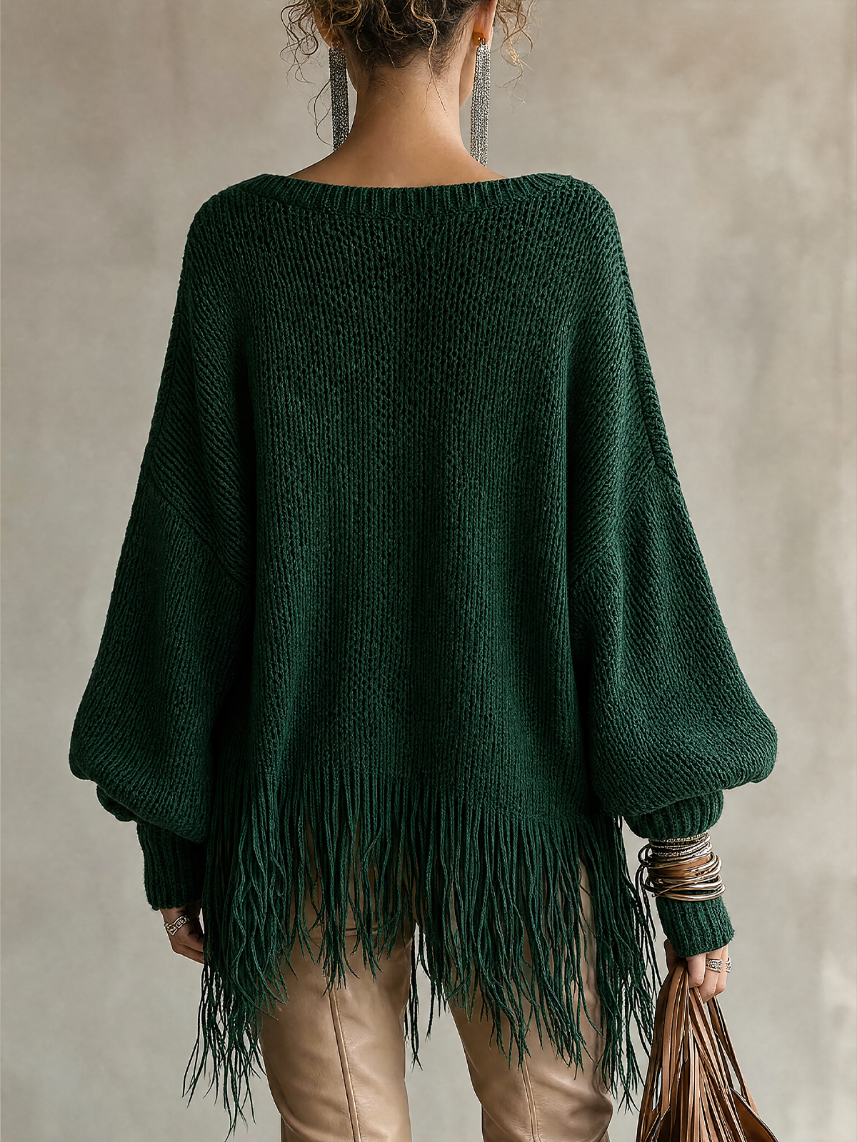 Dark Green V‑Neck Fringe Hem Oversized Knit Top