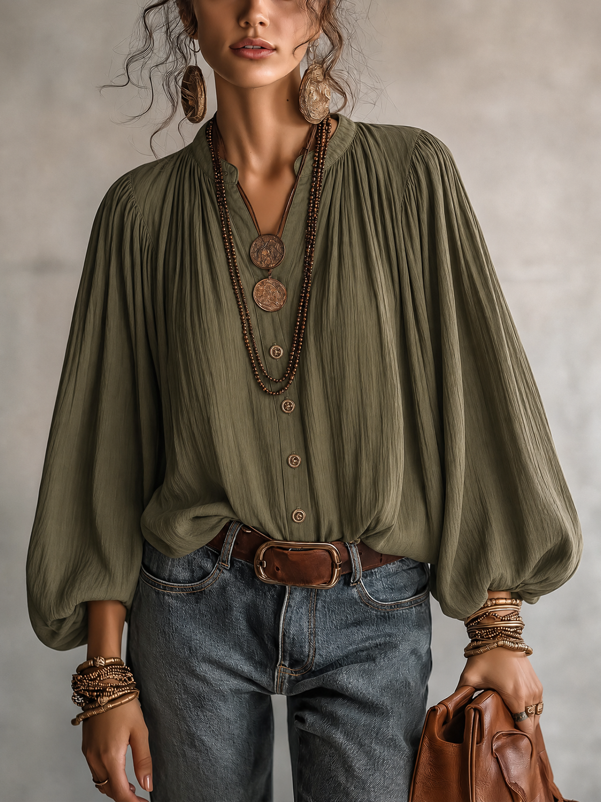 Olive Green Crinkled Stand Collar Balloon Sleeve Blouse
