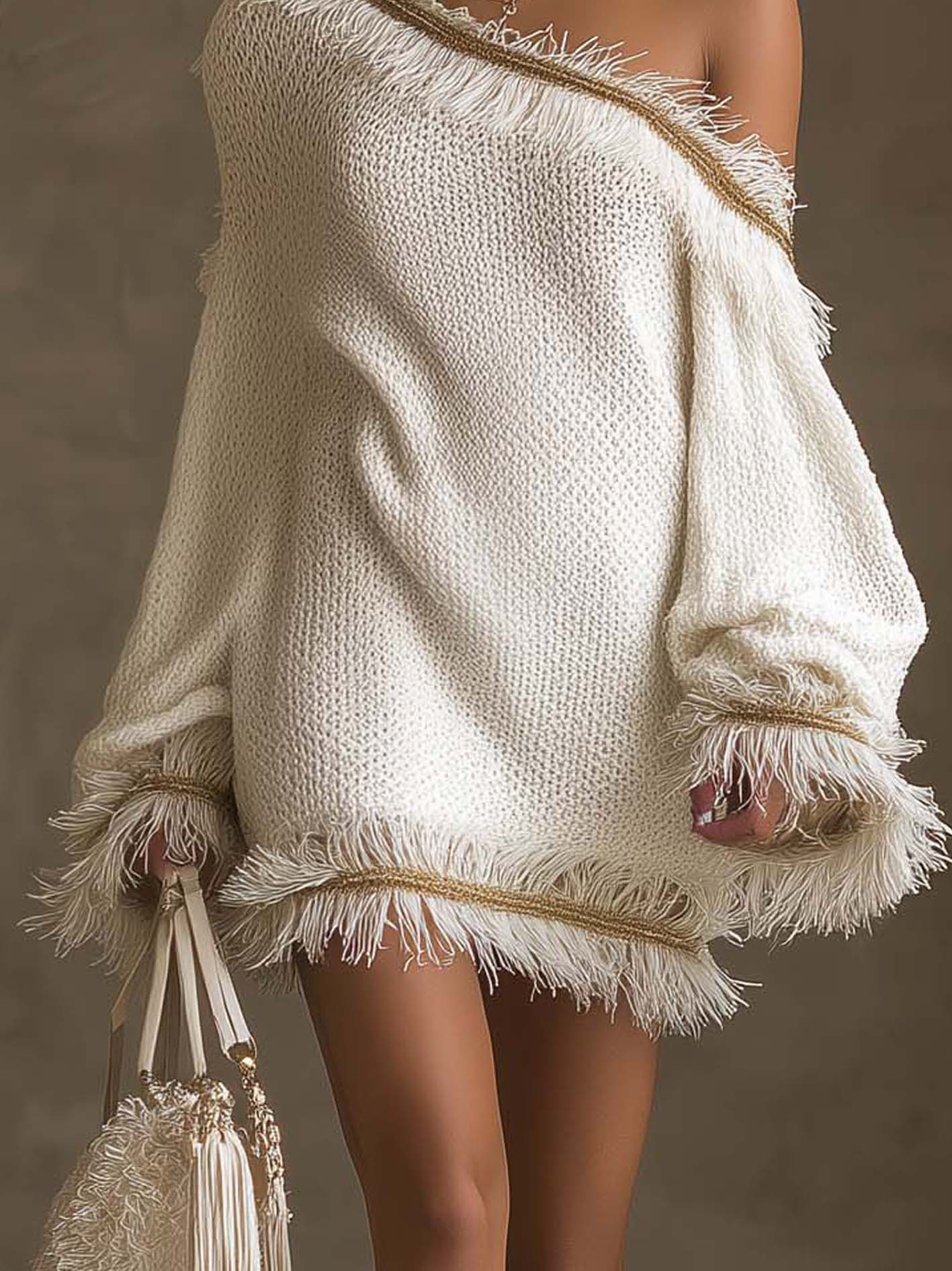 White One Shoulder Knit Mini Dress With Fringe Trim