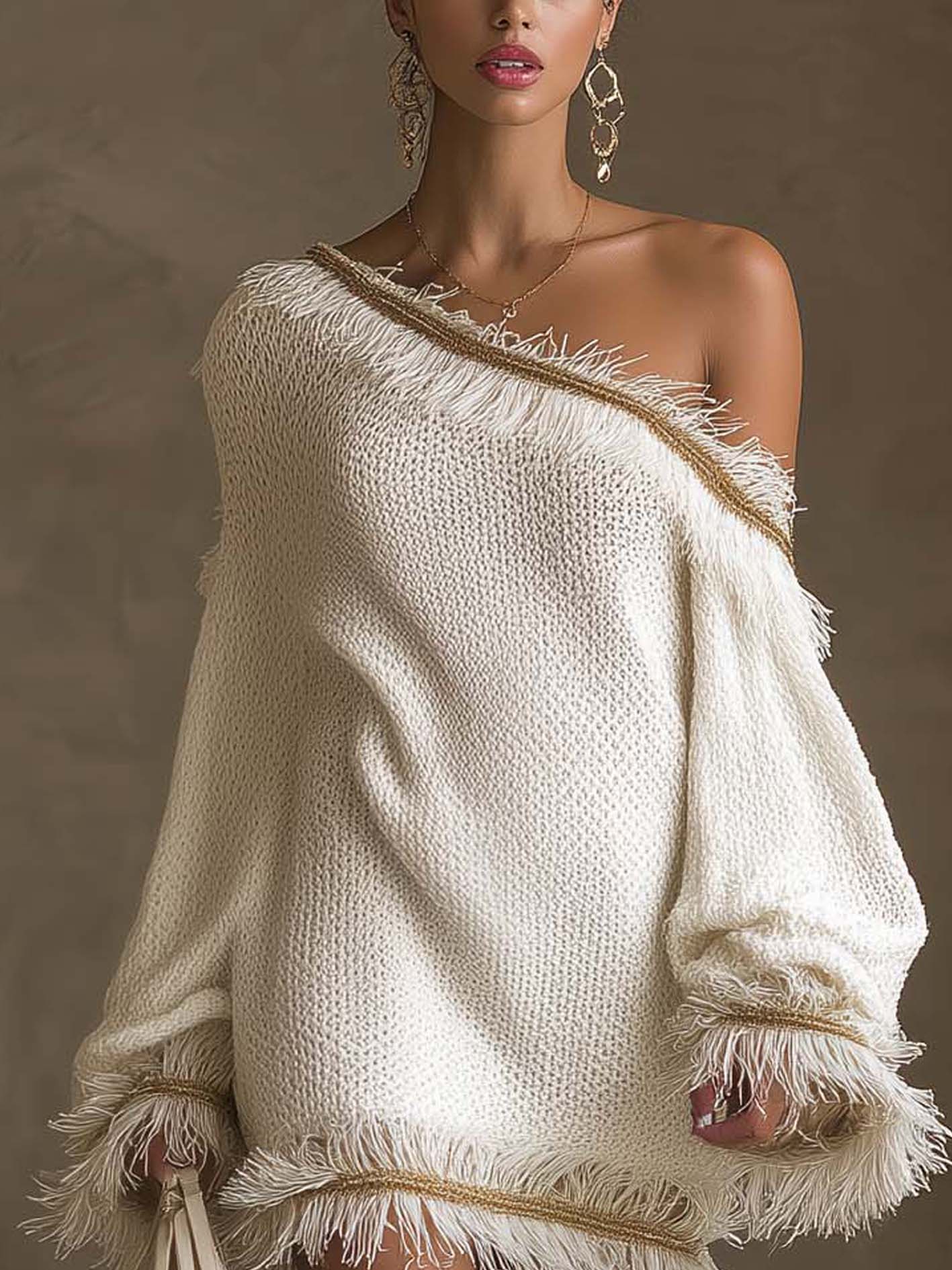 White One Shoulder Knit Mini Dress With Fringe Trim