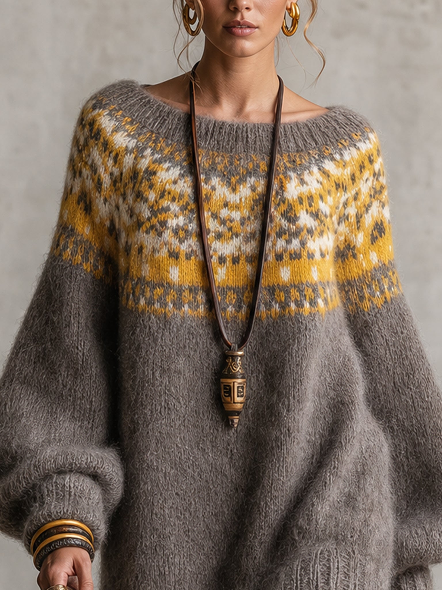 Gray And Yellow Fair Isle Loose Knit Mini Dress