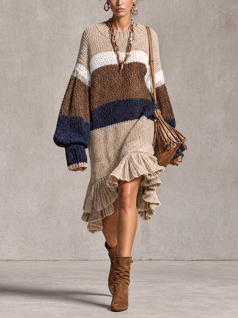 Beige Brown And Navy Colorblock Knit Ruffle Midi Dress