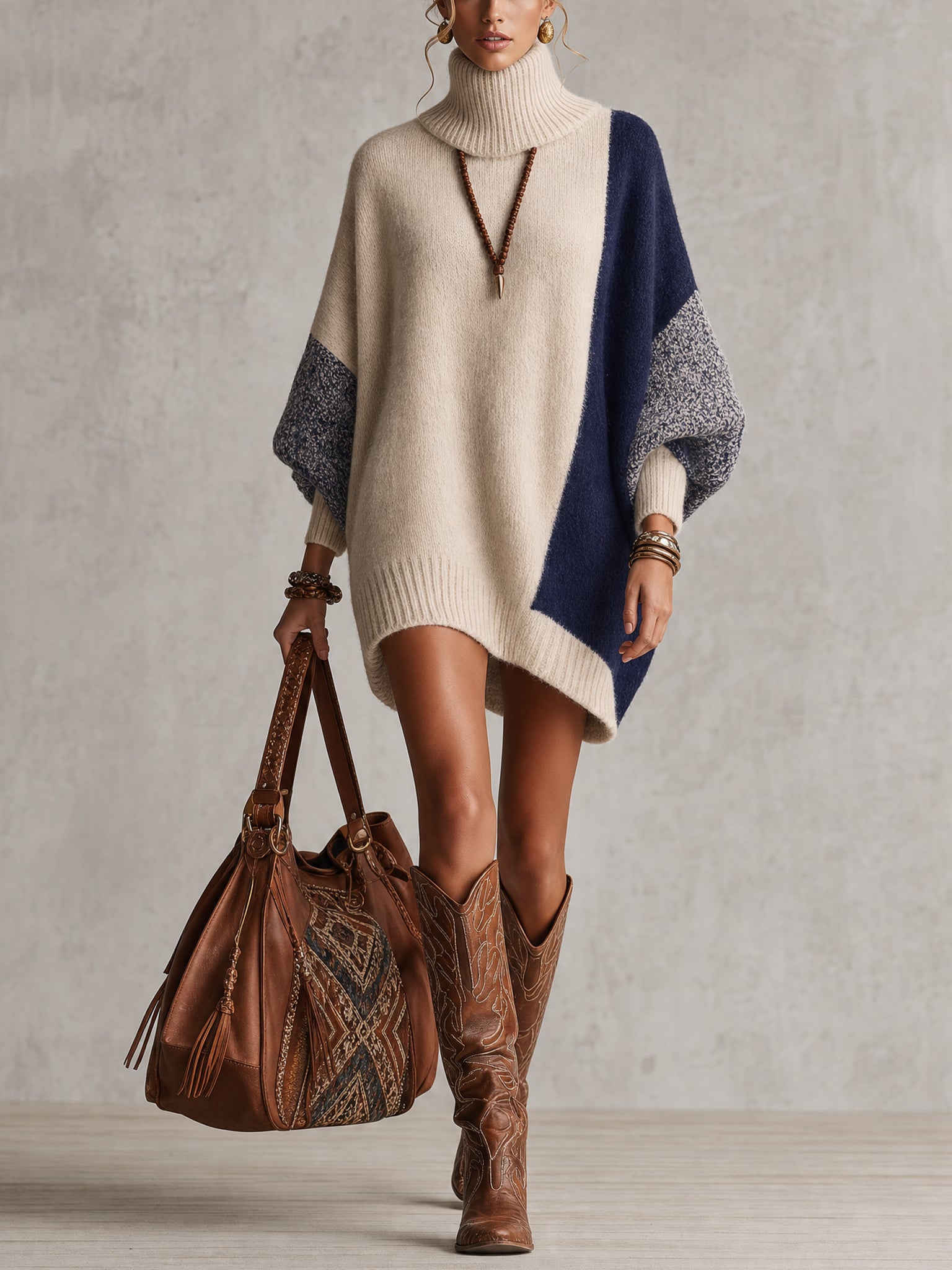 Color Block Knit Turtleneck Loose Mini Dress