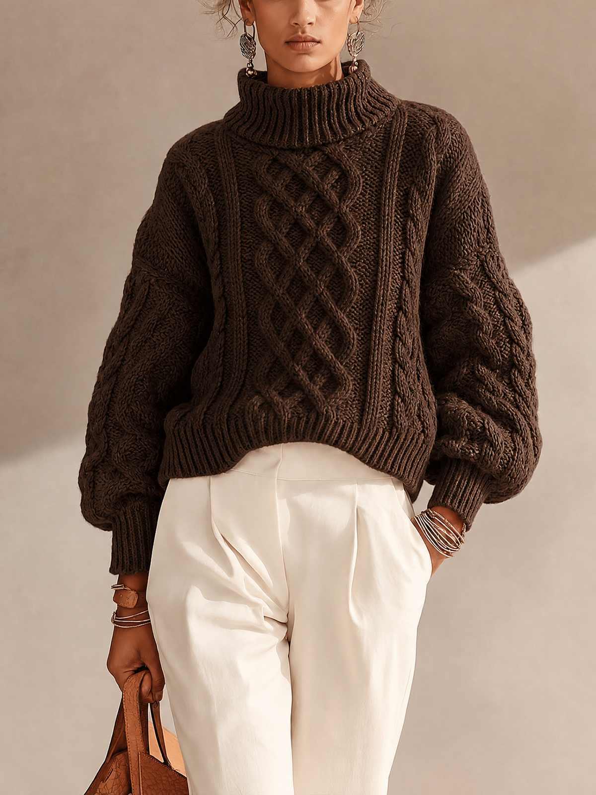 Dark Brown Cable Knit Turtleneck Cropped Sweater