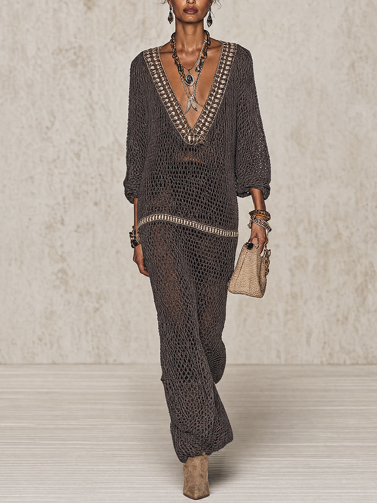 Chocolate Open-Knit V-Neck Maxi Dress
