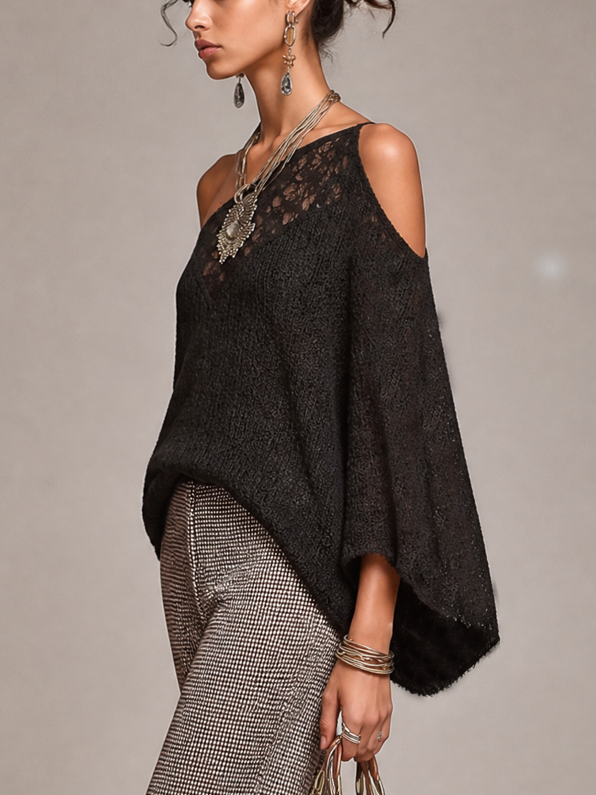 Black Lace Asymmetric Off‑Shoulder Dolman Sleeve Blouse