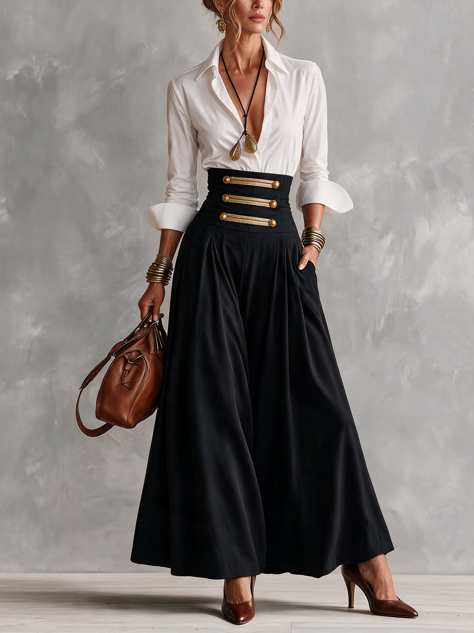 White Shirt And Black Vintage Gold Button High Waisted Skirt Set