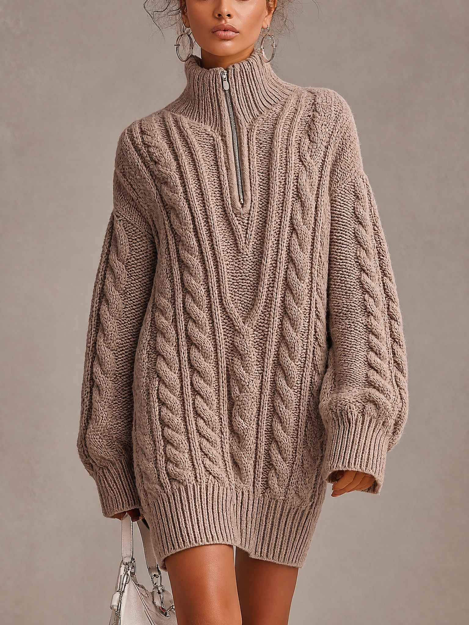 Taupe Cable Knit Half Zip Oversized Sweater Mini Dress