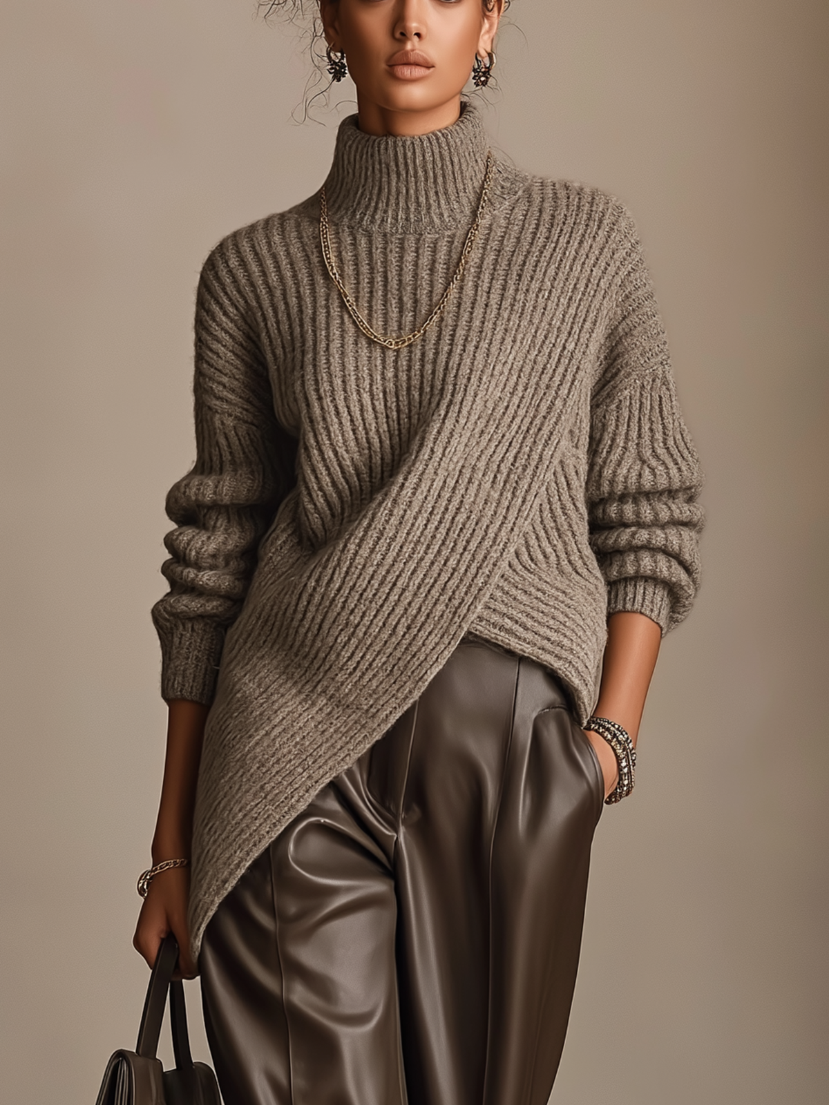 Taupe Ribbed Turtleneck Asymmetric Wrap Hem Sweater