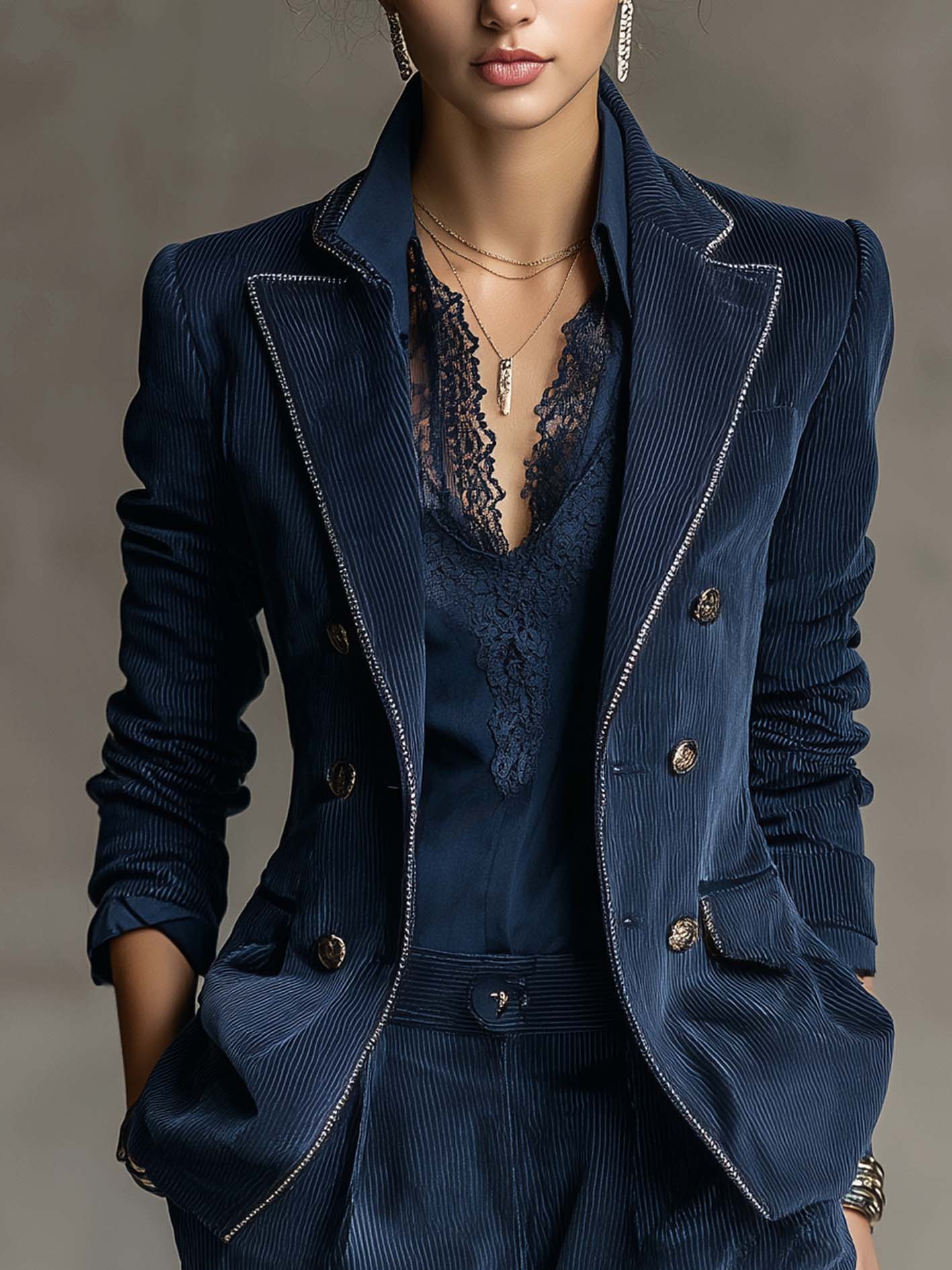 Navy Textured Double-Breasted Blazer With Rhinestone Trim And Embossed Buttons