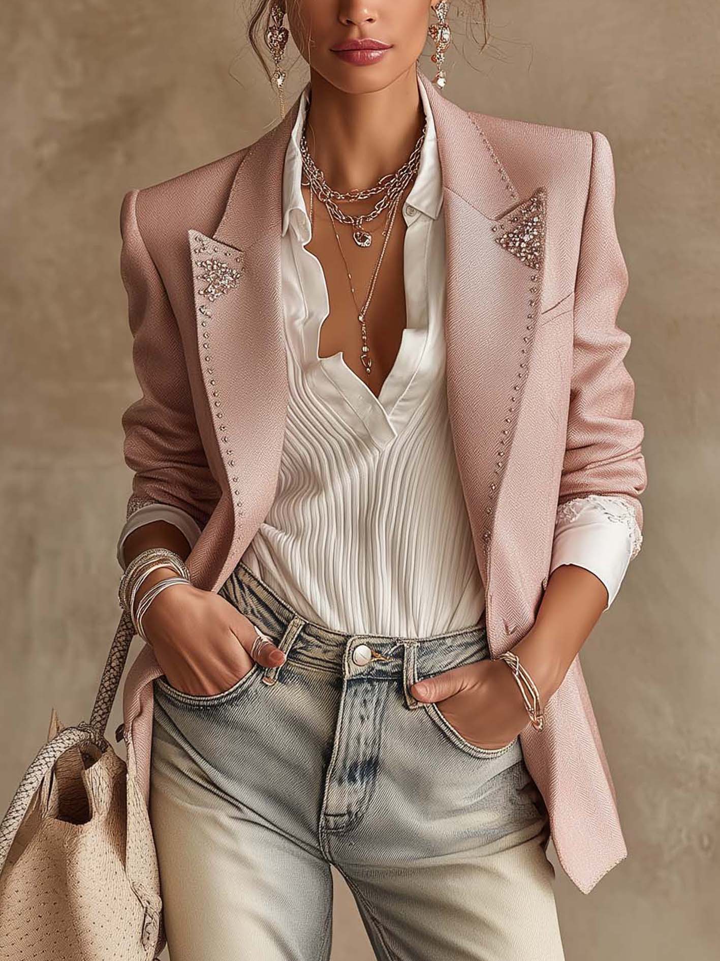 Pink Rhinestone Embellished Two-Button Tailored Blazer