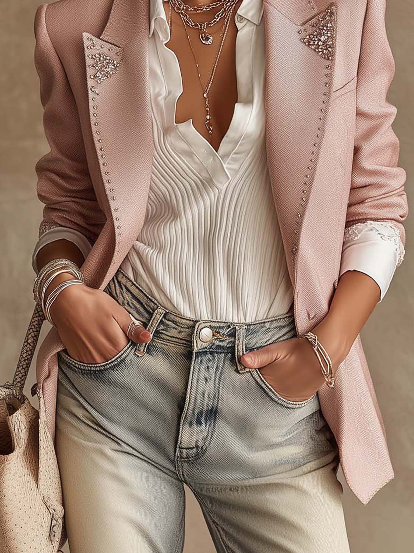 Pink Rhinestone Embellished Two-Button Tailored Blazer