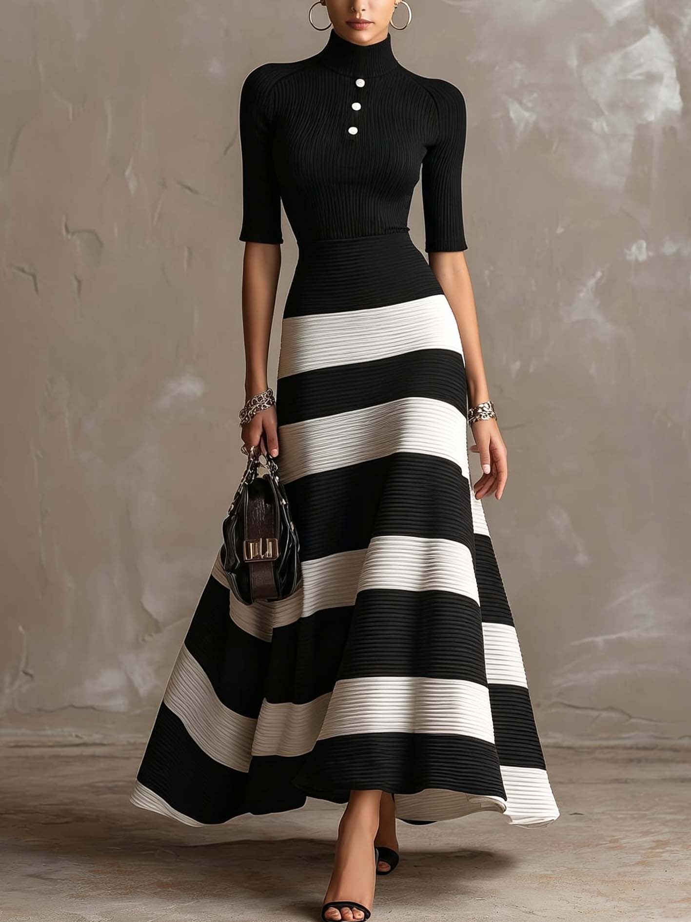 Black And White Striped Ribbed Knit Maxi Dress With Mock Neck