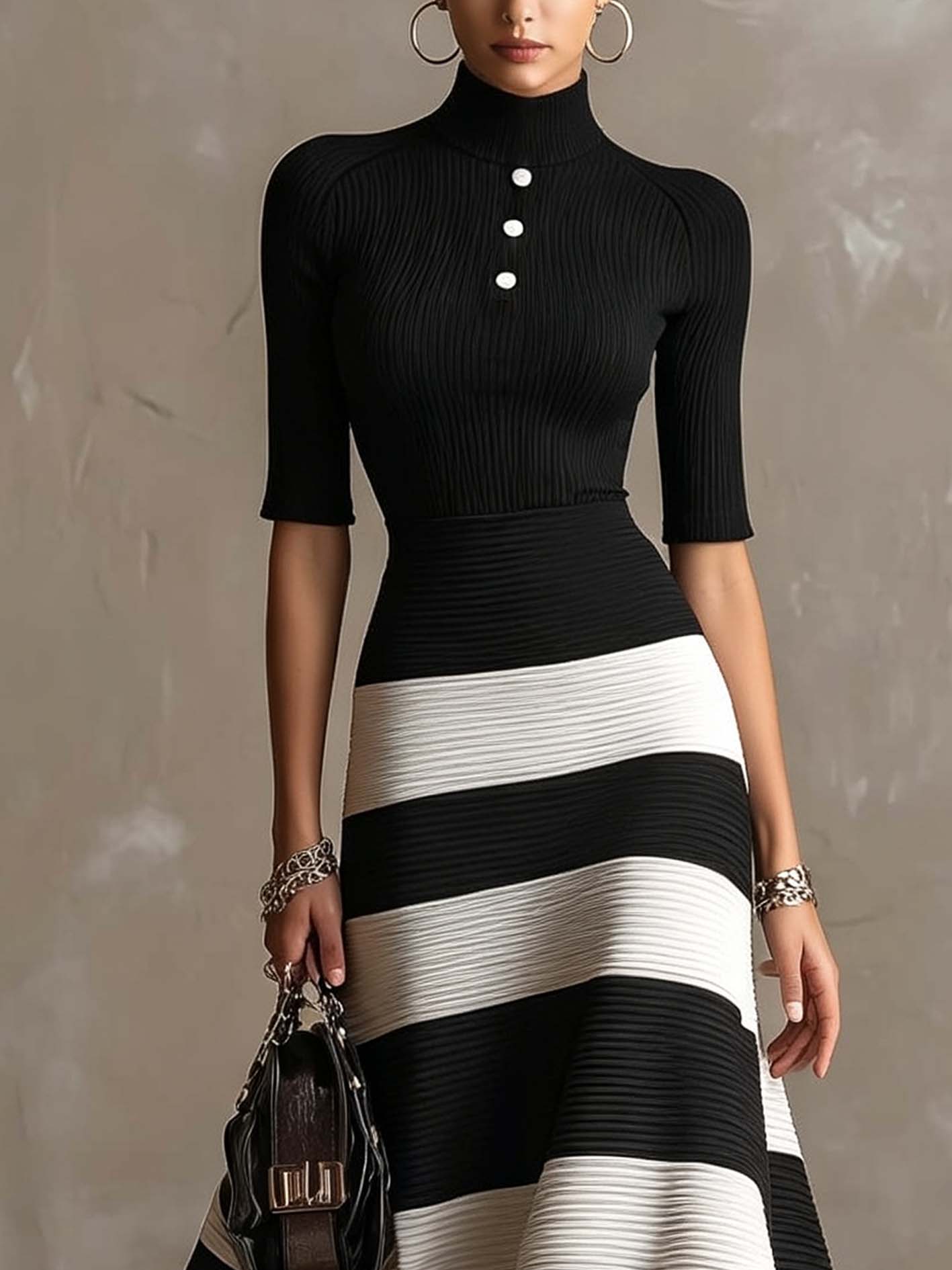 Black And White Striped Ribbed Knit Maxi Dress With Mock Neck