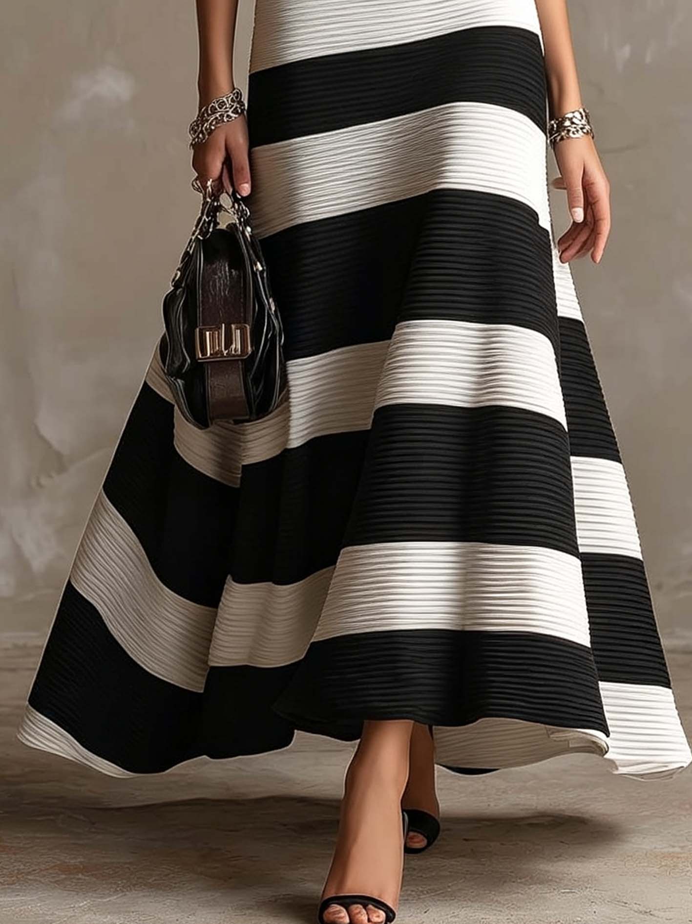 Black And White Striped Ribbed Knit Maxi Dress With Mock Neck