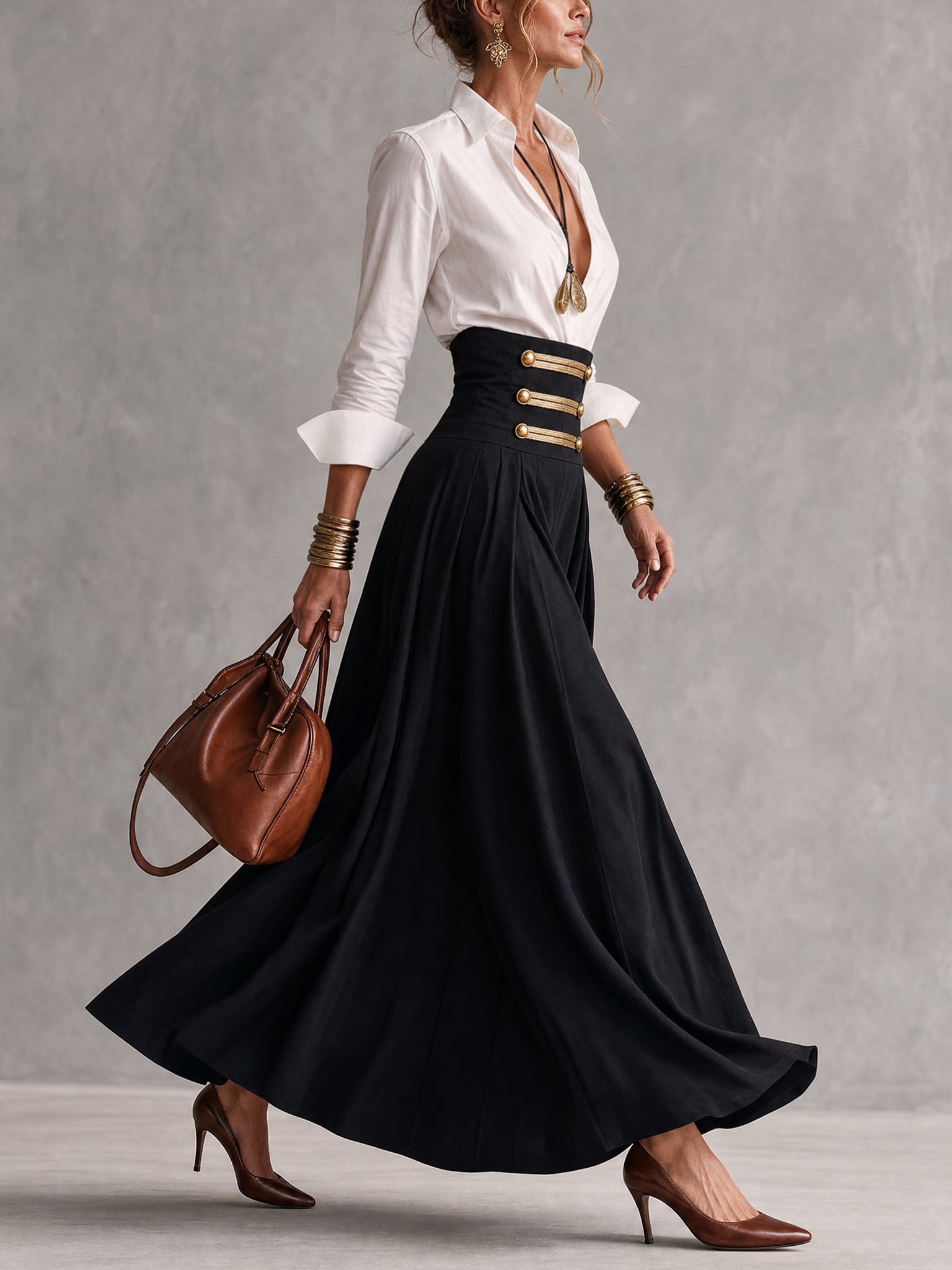 White Shirt And Black Vintage Gold Button High Waisted Skirt Set