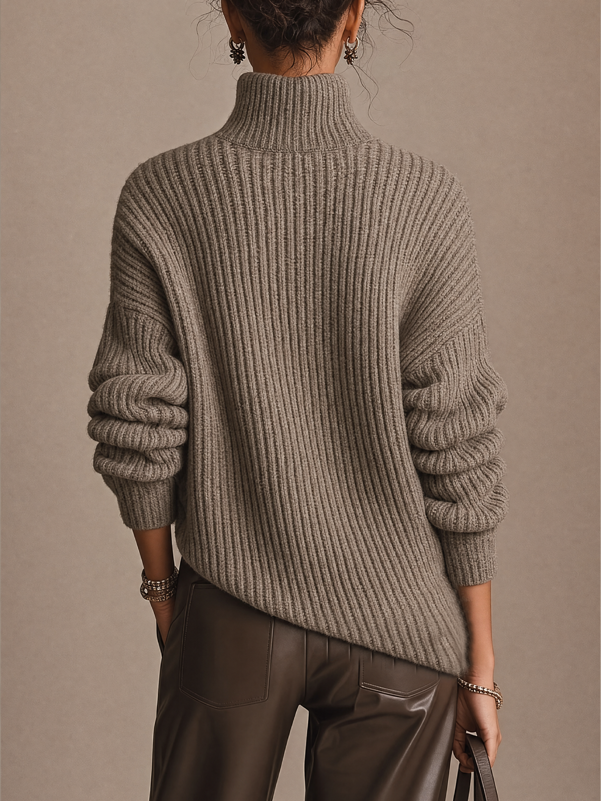 Taupe Ribbed Turtleneck Asymmetric Wrap Hem Sweater