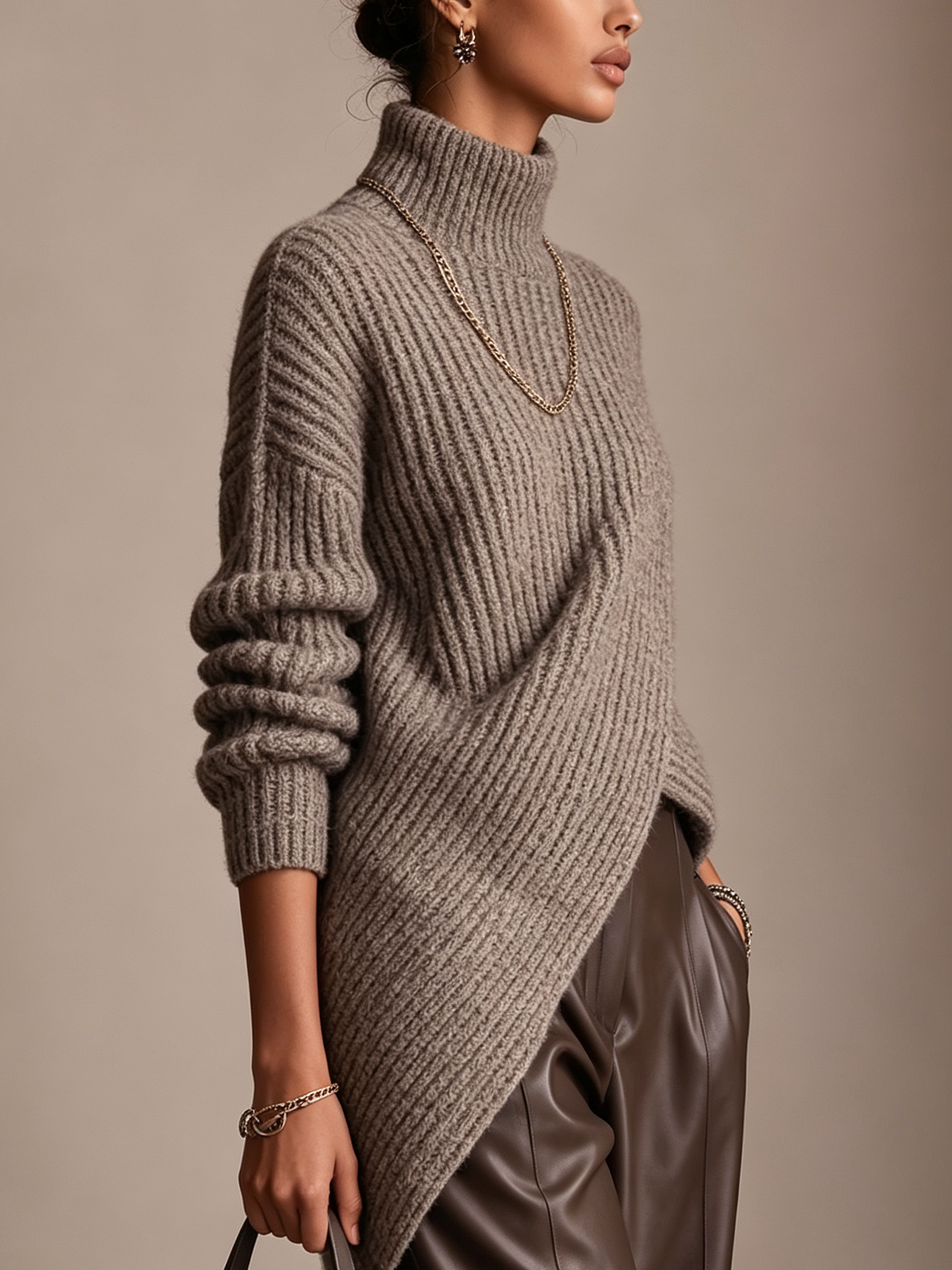 Taupe Ribbed Turtleneck Asymmetric Wrap Hem Sweater