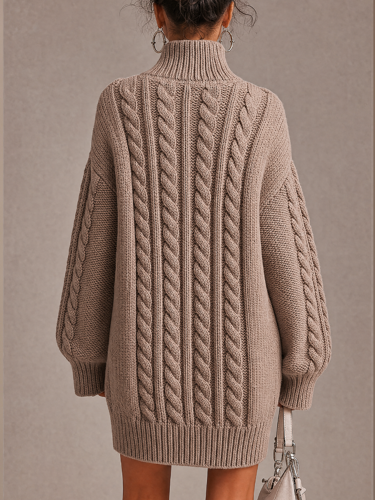 Taupe Cable Knit Half Zip Oversized Sweater Mini Dress