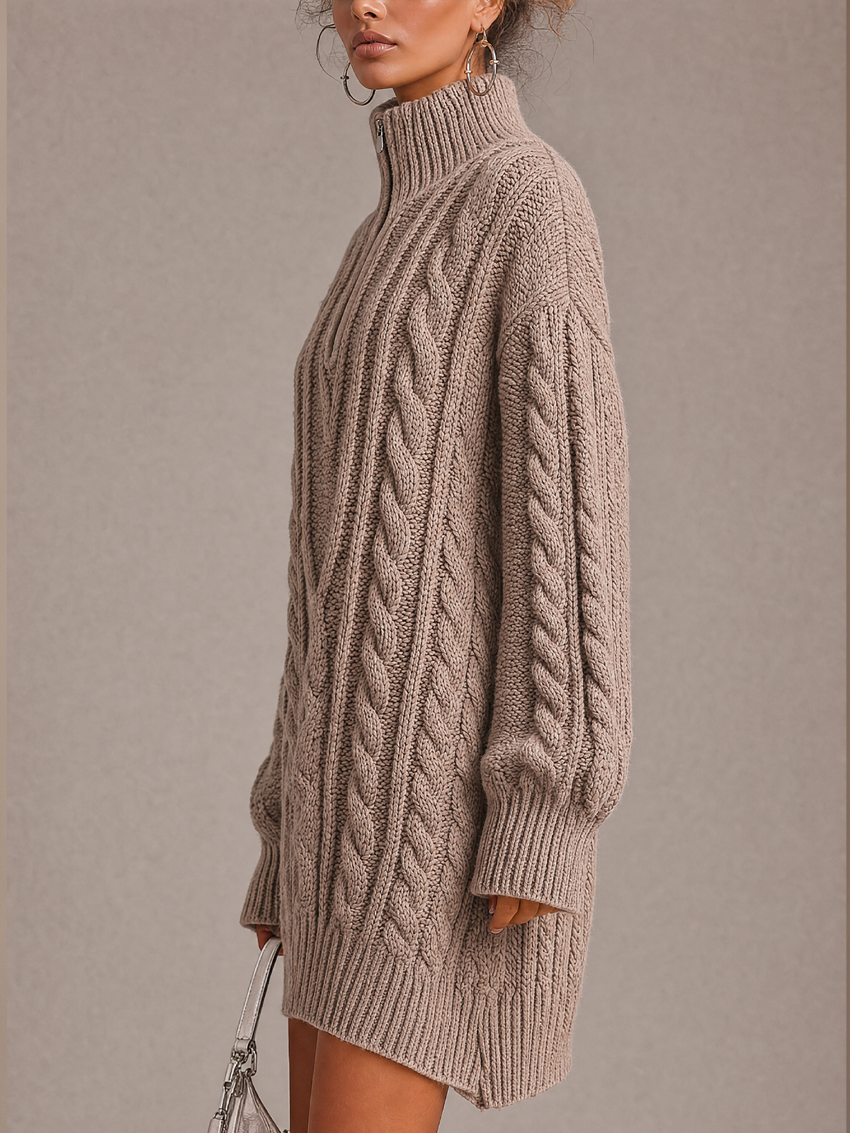 Taupe Cable Knit Half Zip Oversized Sweater Mini Dress