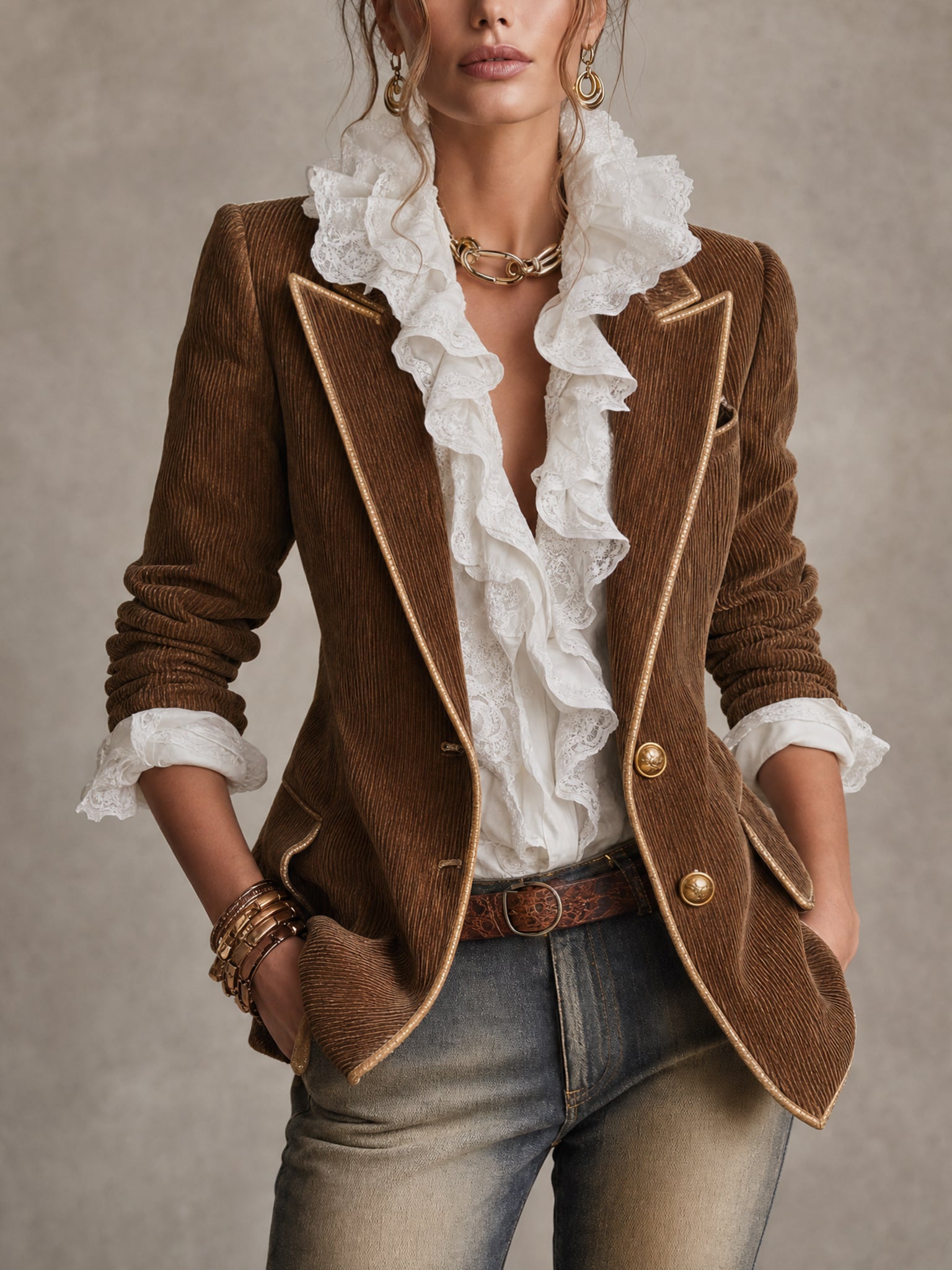 Vintage Brown Corduroy Piped Blazer
