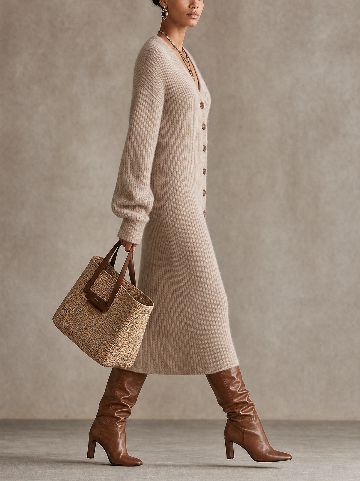 Oatmeal Ribbed Knit V‑Neck Button Front Slit Midi Sweater Dress