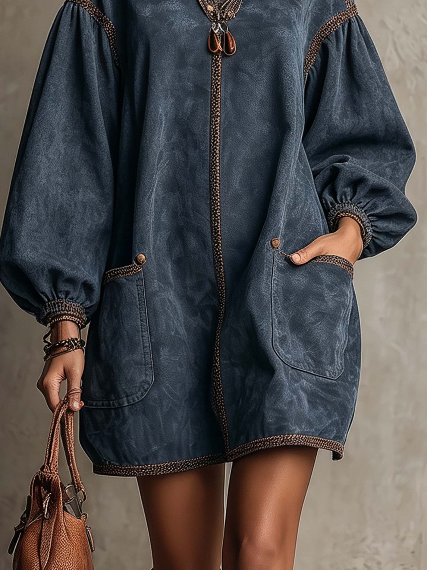 Dusty Blue Faux Suede Mini Dress With Contrast Woven Trim