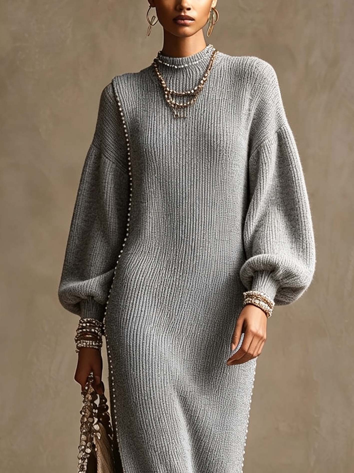 Gray Ribbed Knit Maxi Dress With Beaded Trim And Balloon Sleeves
