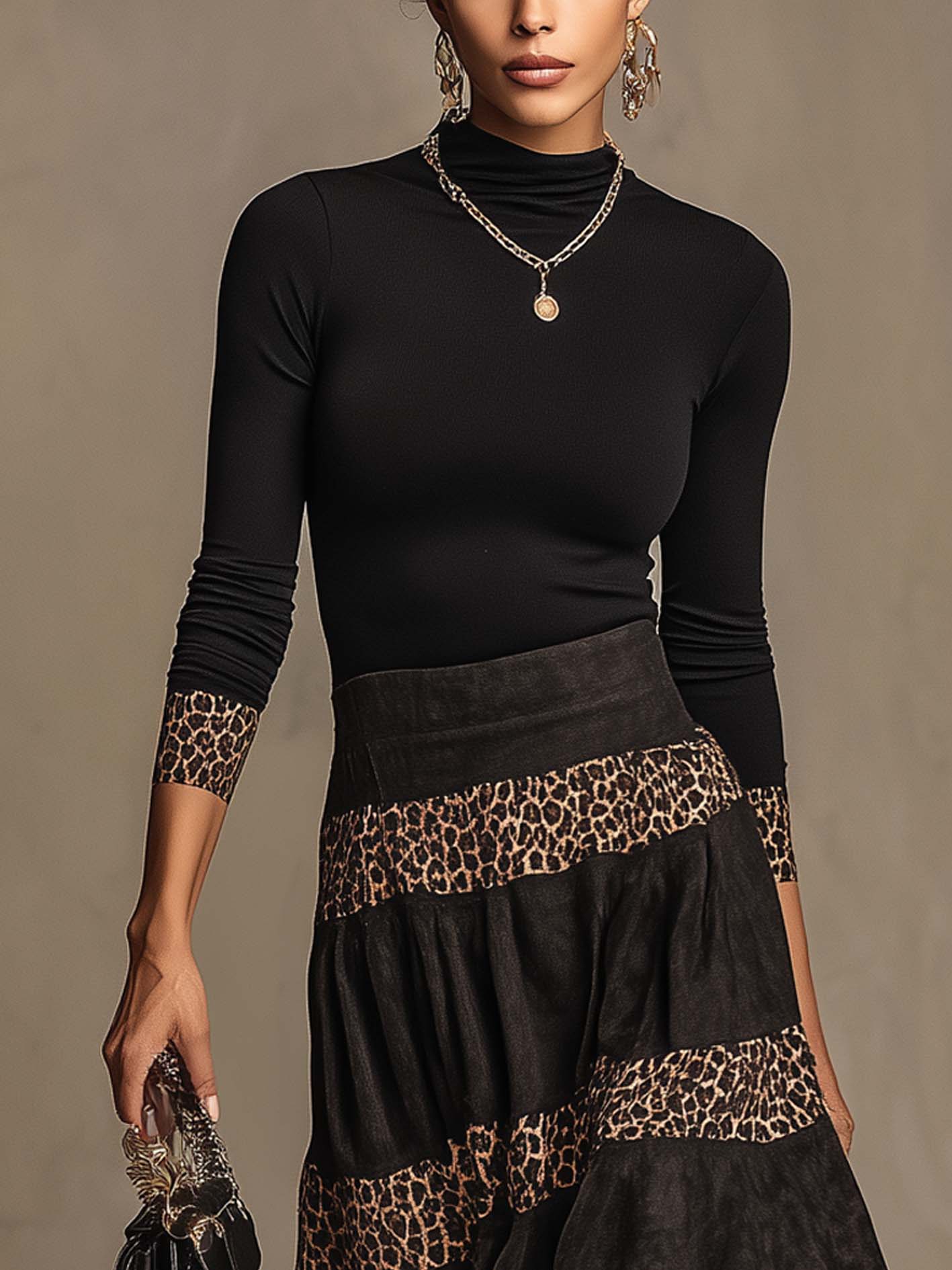 Black Fitted T-Shirt And Faux Suede Leopard Patchwork Maxi Skirt Set