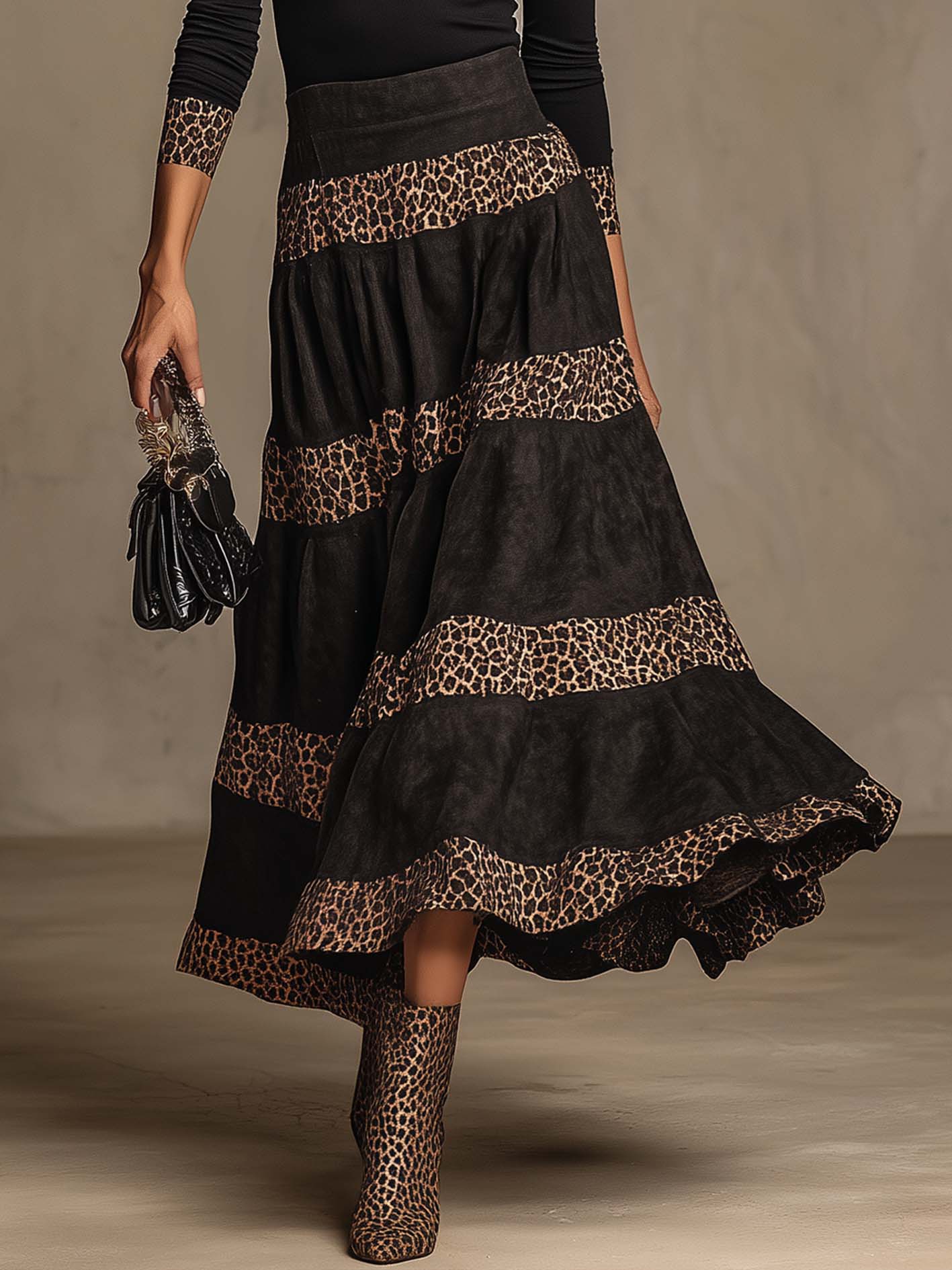 Black Fitted T-Shirt And Faux Suede Leopard Patchwork Maxi Skirt Set