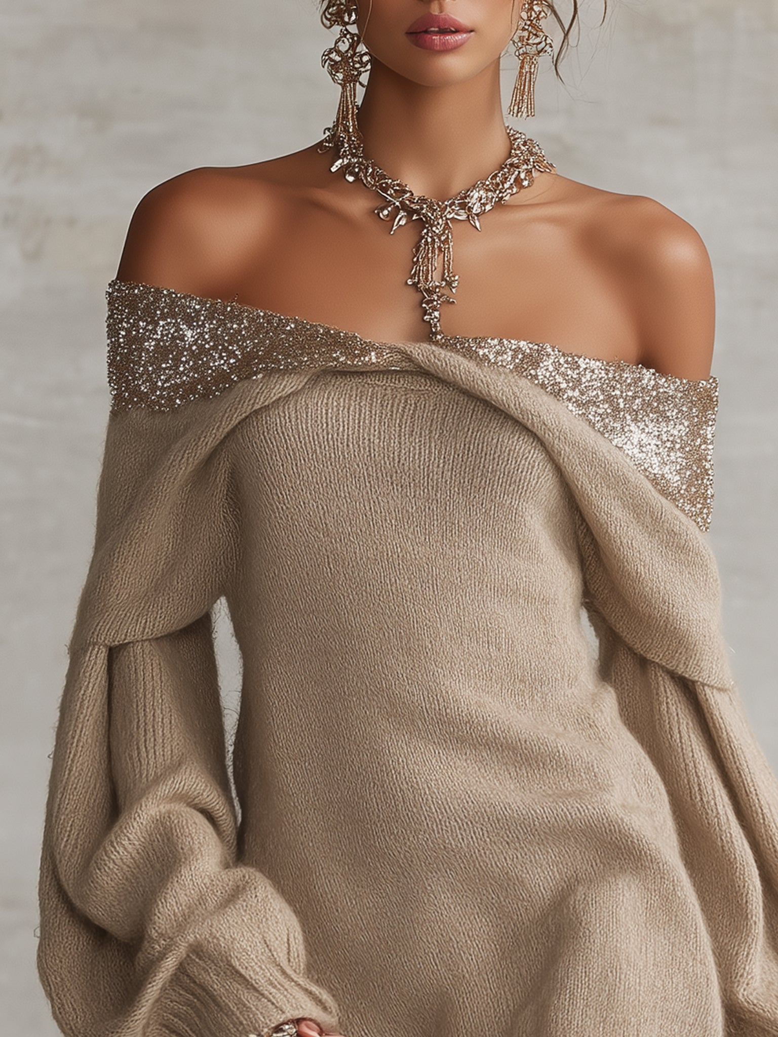 Oatmeal Sequin Off Shoulder Knit Mini Dress