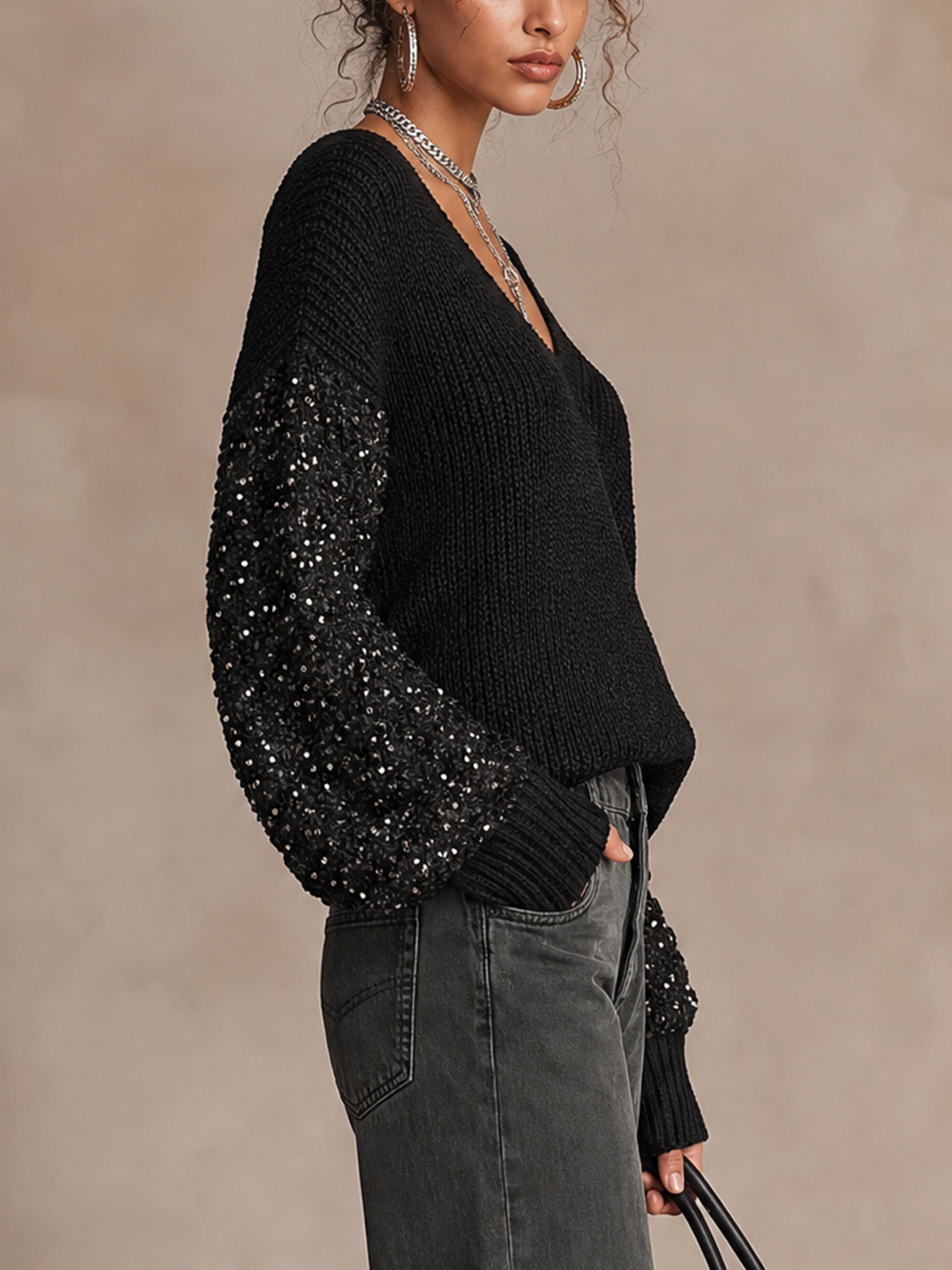 Black V‑Neck Sequin Spliced Balloon Sleeve Knit Top