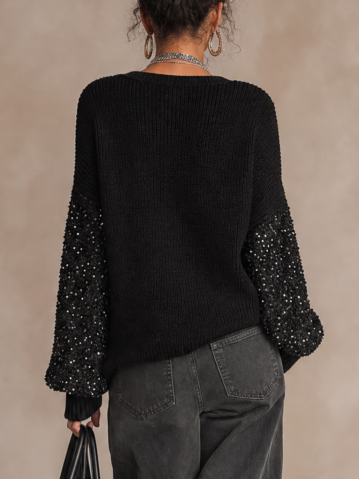 Black V‑Neck Sequin Spliced Balloon Sleeve Knit Top