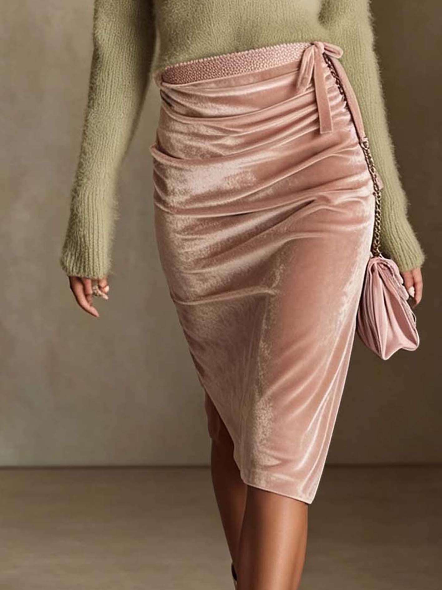 Sage Green Fuzzy Sweater And Blush Pink Velvet Ruched Midi Skirt Set