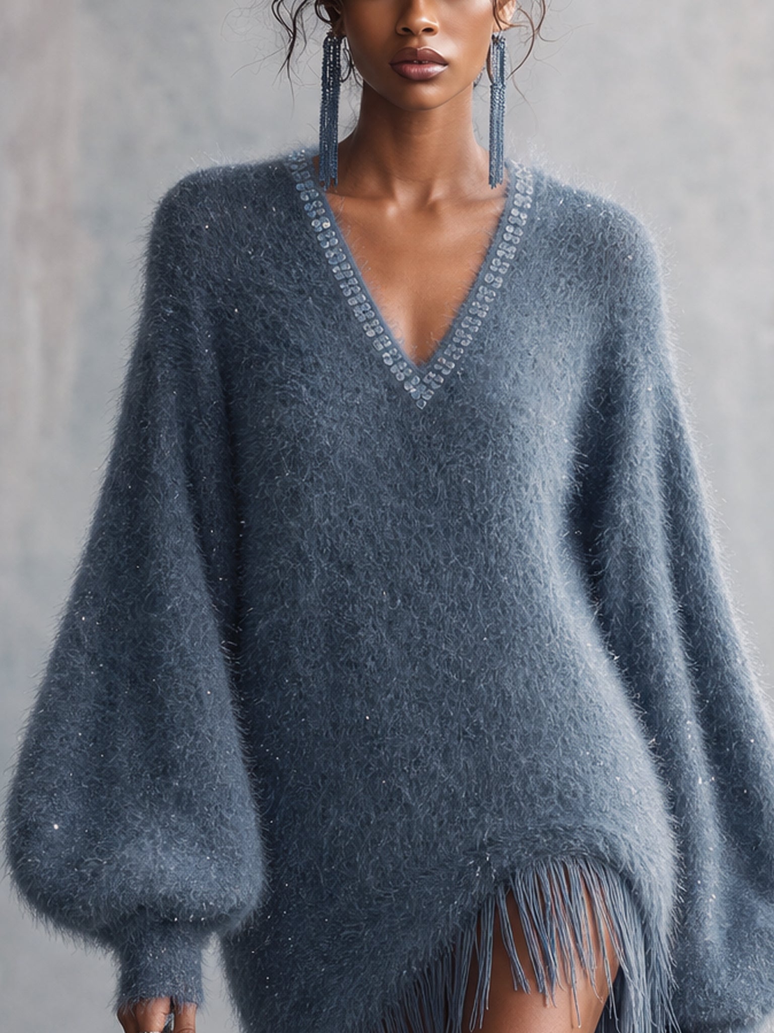 Blue Sequin V-Neck Oversized Knit Mini Dress