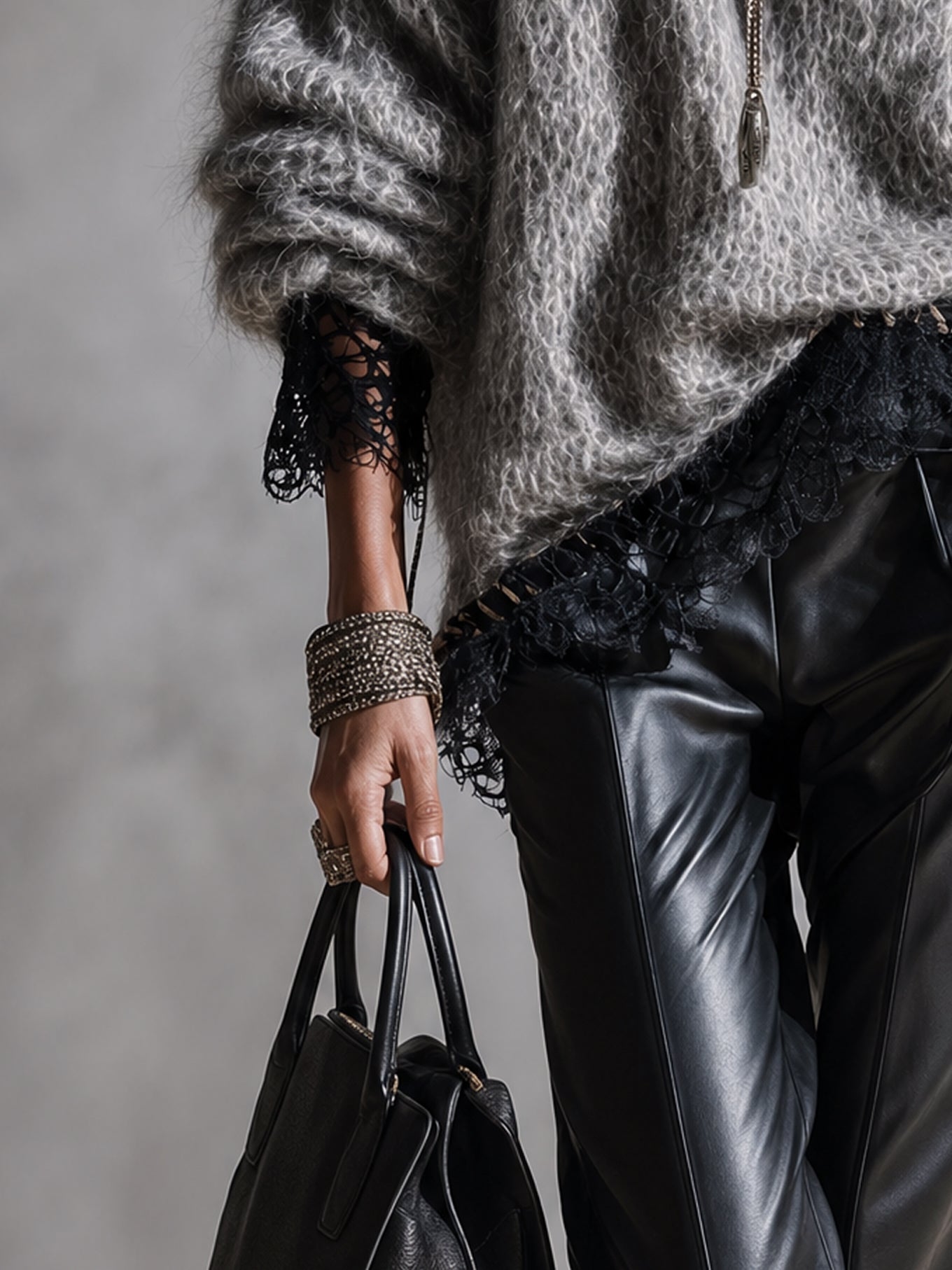 Gray Mohair Lace Trim Sweater