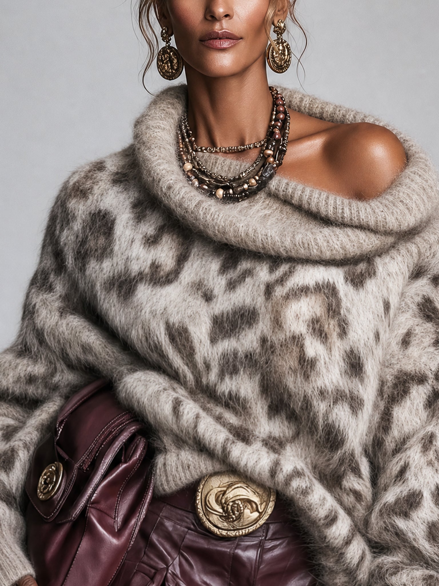 Brown Animal Print Oversized Mohair Sweater